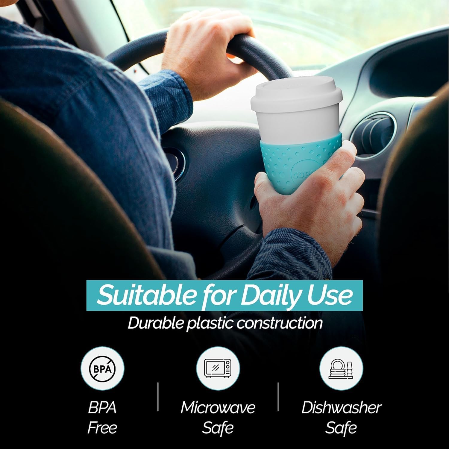 Copco 16 oz Acadia Travel Mug, Set of 3 – Double-Wall Insulated Coffee Cups with Non-Slip Sleeve for Hot & Cold Drinks, BPA-Free Plastic, Cup Holder Friendly & Portable Drinkware (Azure Blue)