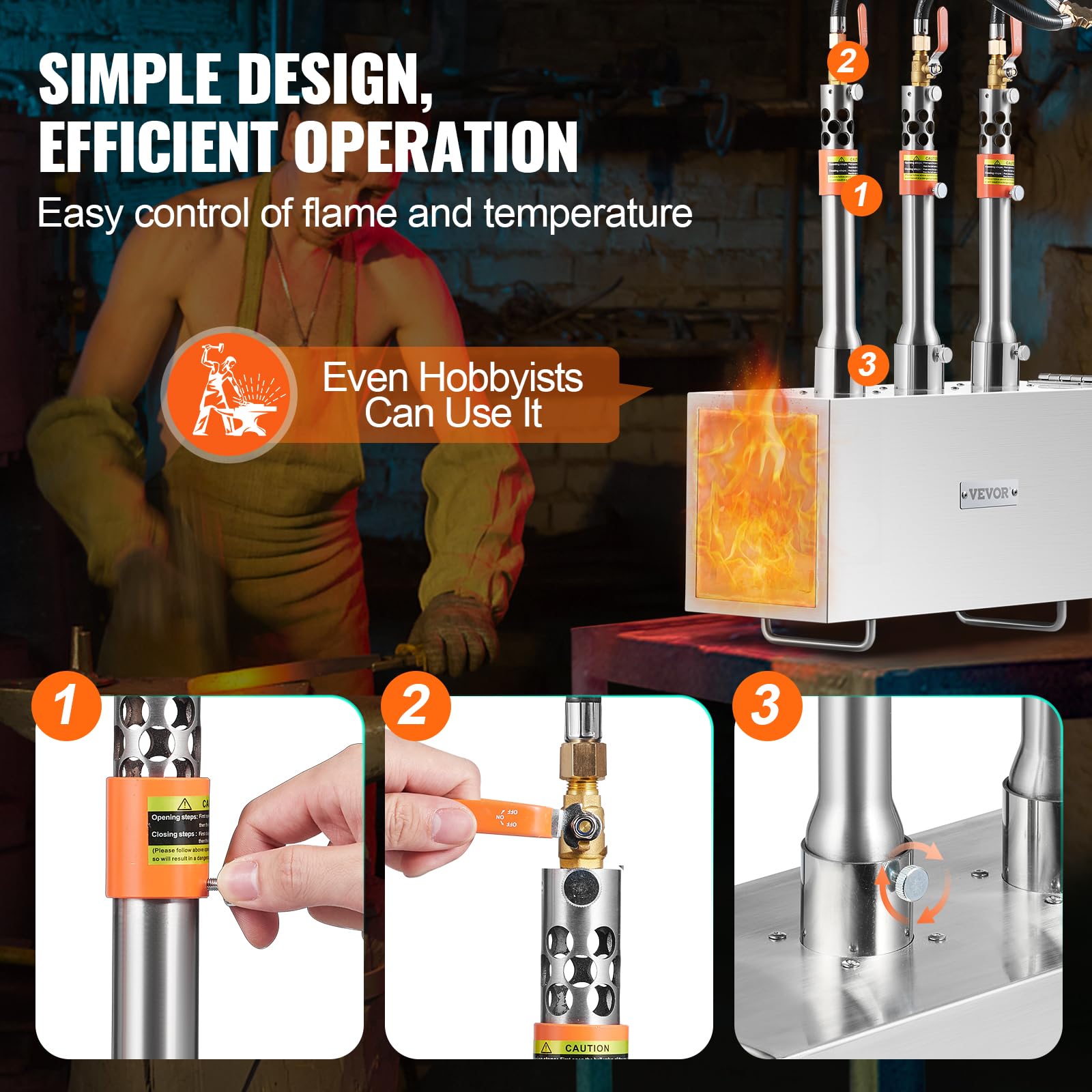 VEVOR Forja de Propano Portátil Forja de Herrero 3 Quemadores Forja de Gas para Herrería 1427°C Equipos de Forja de Gas de Acero Inoxidable Cuadrados Gran Capacidad para Forja de Metales, Plata
