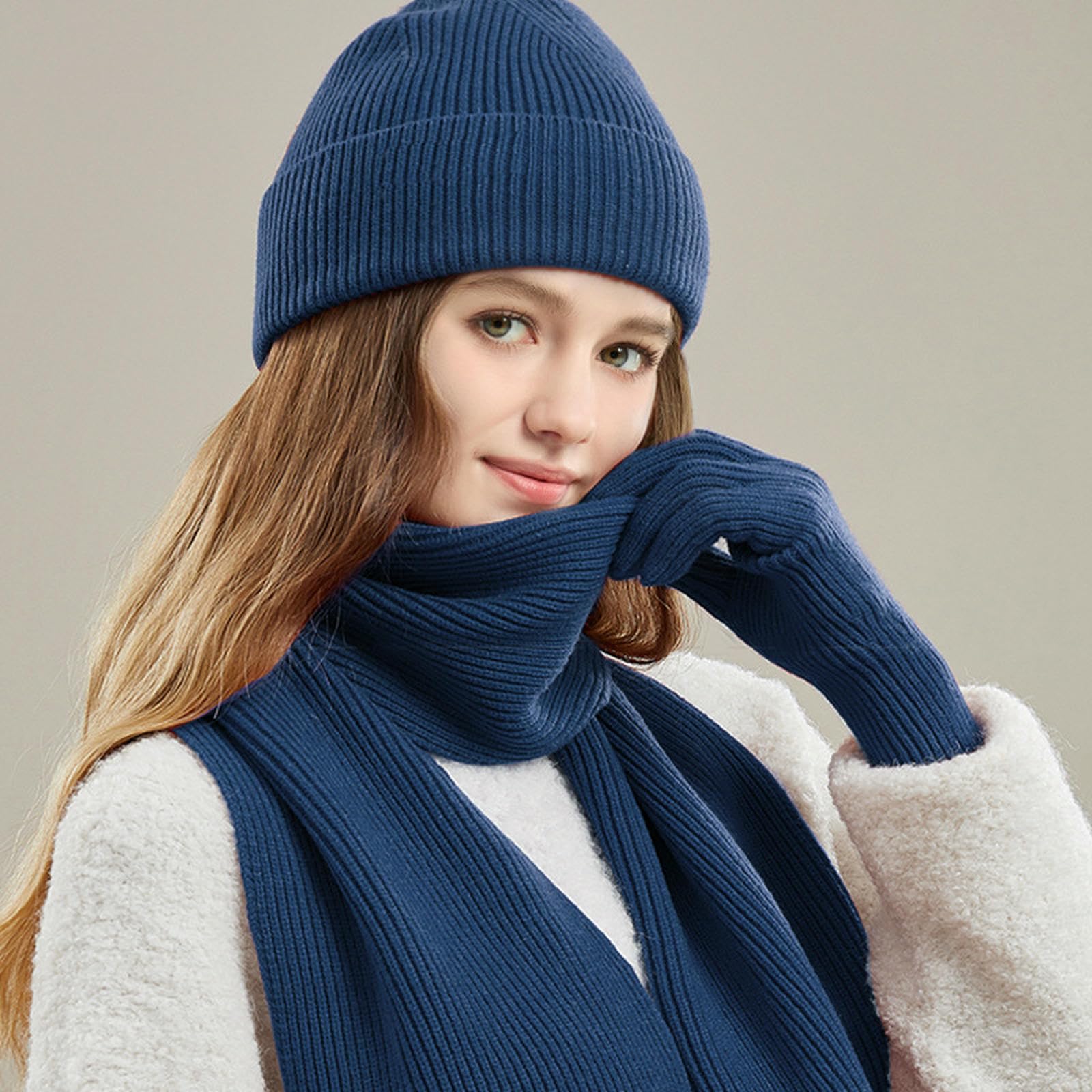 Wintermütze Schal Handschuhe Set Einfarbige Strickmütze, Winterwarme Dicke Wollmütze, Und Handschuhe-Set-Leuchtend Rot