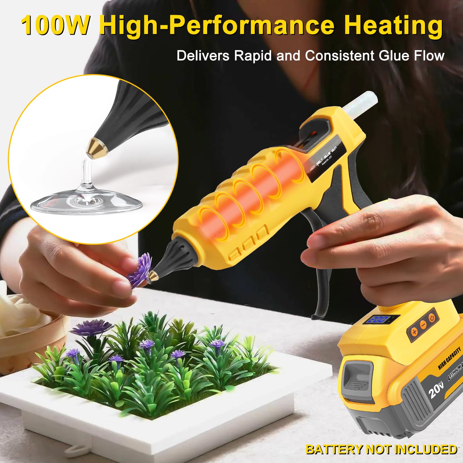 Pistola de pegamento caliente 2 en 1 inalámbrica y con cable compatible con batería Dewalt de 20 V, temperatura LED digital de 100 W, pistola de pegamento ajustable antigoteo de tamaño completo con 1