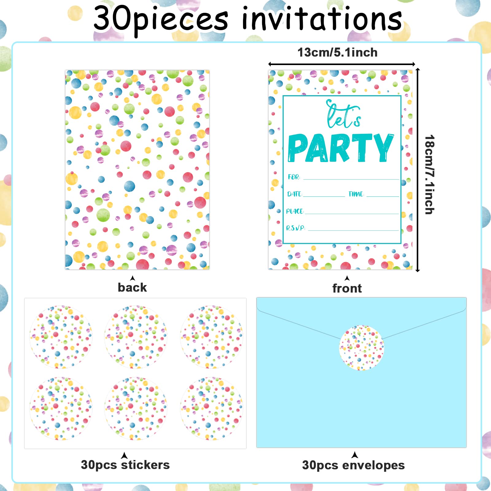 30 Pieces Confetti Birthday Invitations LET'S PARTY Watercolor Dot Invitation Set for Boys Girls Kids Birthday Invitations with Sticker Labels Envelopes Rainbow Polka Dot Party Supplies Decorations