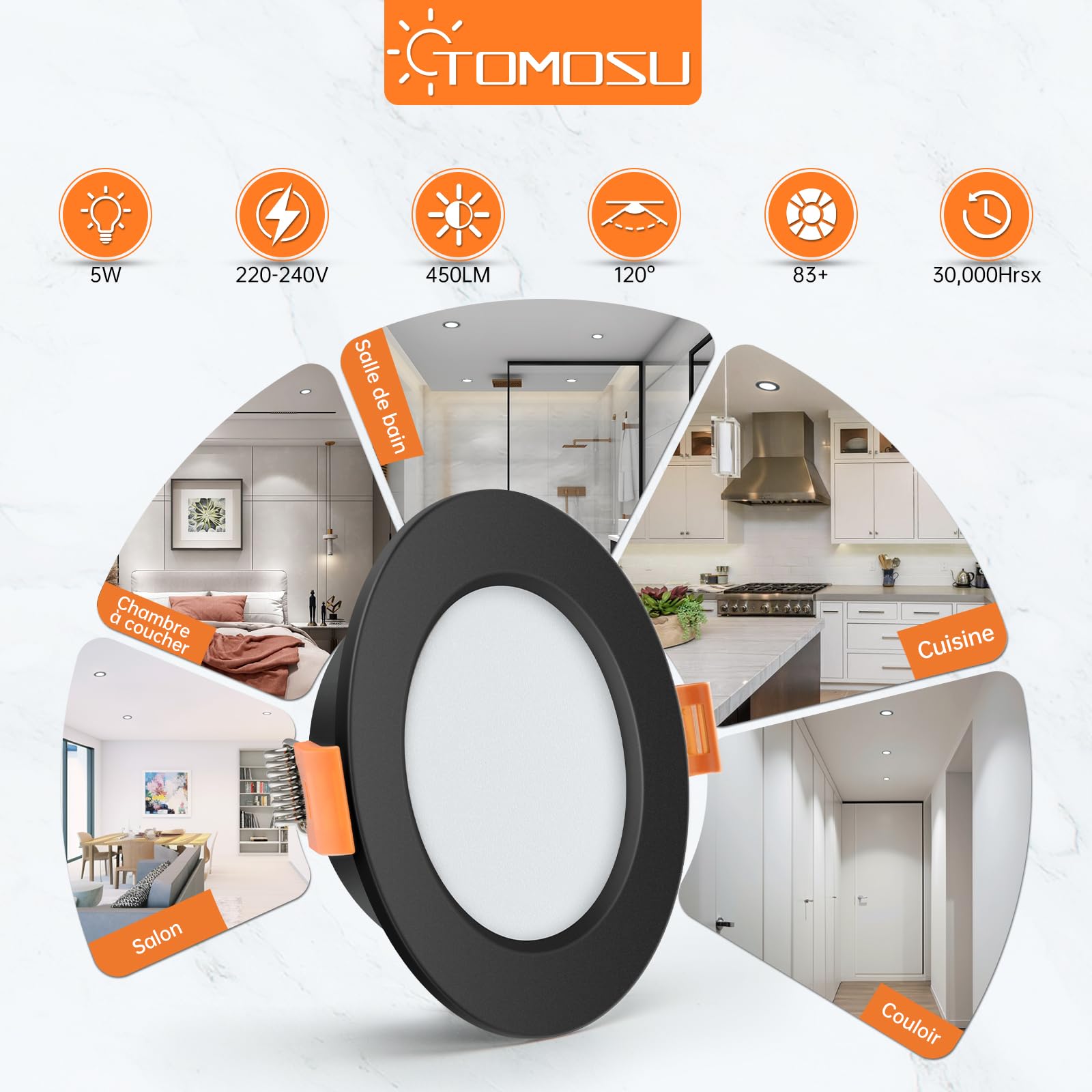 Tomosu Spot LED Encastrable Noir Extra Plat 5W 450Lumen 4000K Blanc Neutre IP44 Diamètre 98mm Lot de 10