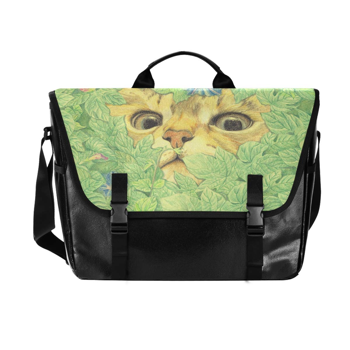 ALAZA Funny Cat Face on Green Messenger Bag 15.6 Inch Waterproof Canvas Satchel Briefcase Shoulder Bag Business Computer Laptop for Men Boy Teen