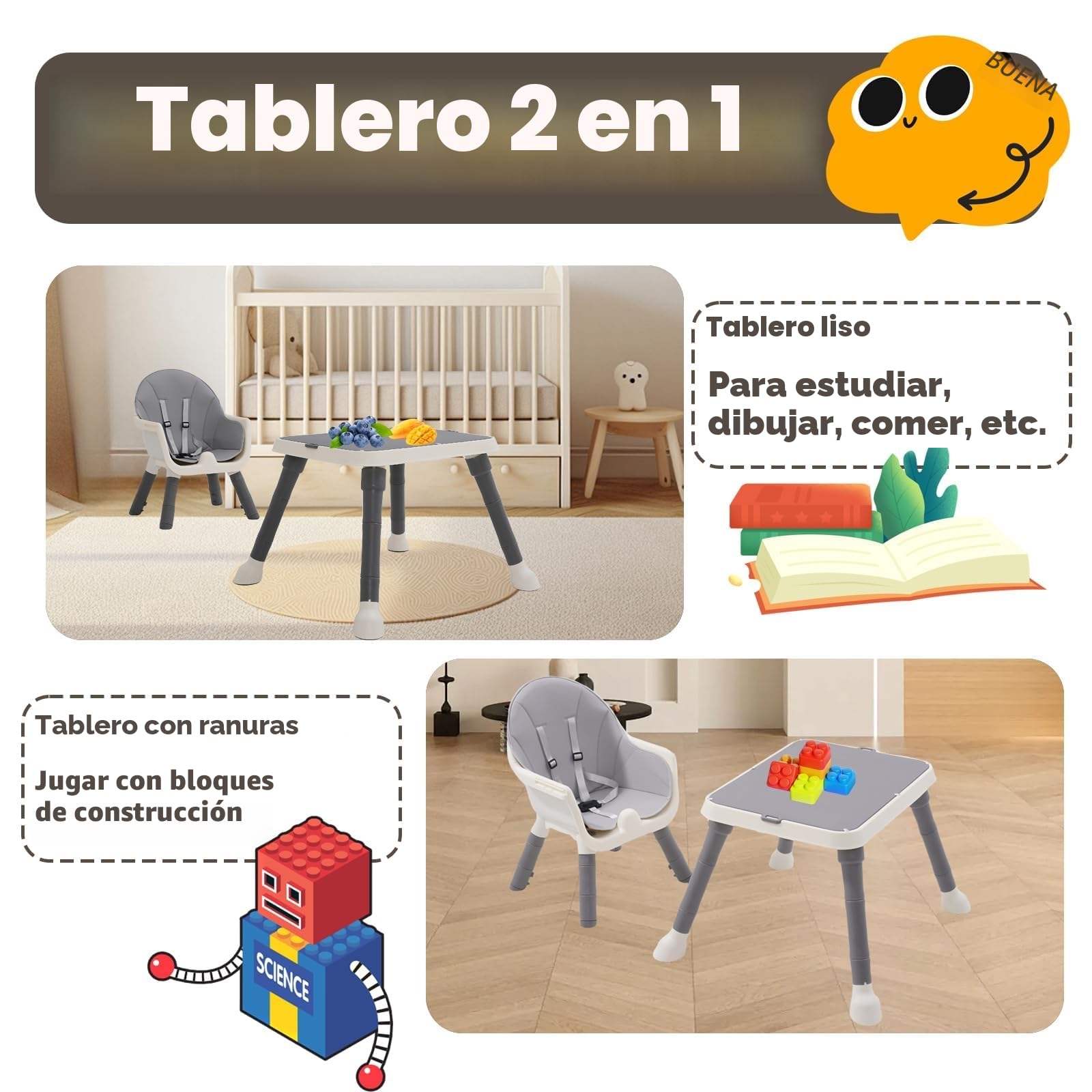 Trona de Bebé 7 en 1 Tronas Bebe Portatil con Silla Comedor Trona Evolutiva,Reposapiés,Cinturón,Cesta,Bandeja Extraíble, Tronas Evolutiva Bebe para niños 6 Meses a 6 Años