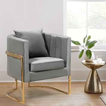 Velvet Modern Accent Chair, Upholstered Barrel Armchair Mid Century with Pillow for Living Room, Comfy Single Vanity Chair with Metal Gold Legs for Bedroom, Grey