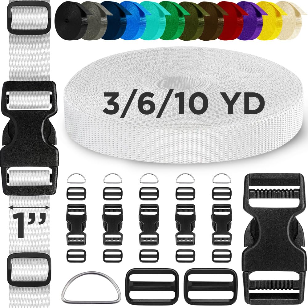 TECEUM Buckles & Strap Kit – 1" White Nylon Webbing 6 (yd) – 6 Heavy Duty Adjustable Plastic Buckles – 12 Tri-Glide Slide Clips – 6 Metal D-Ring –
