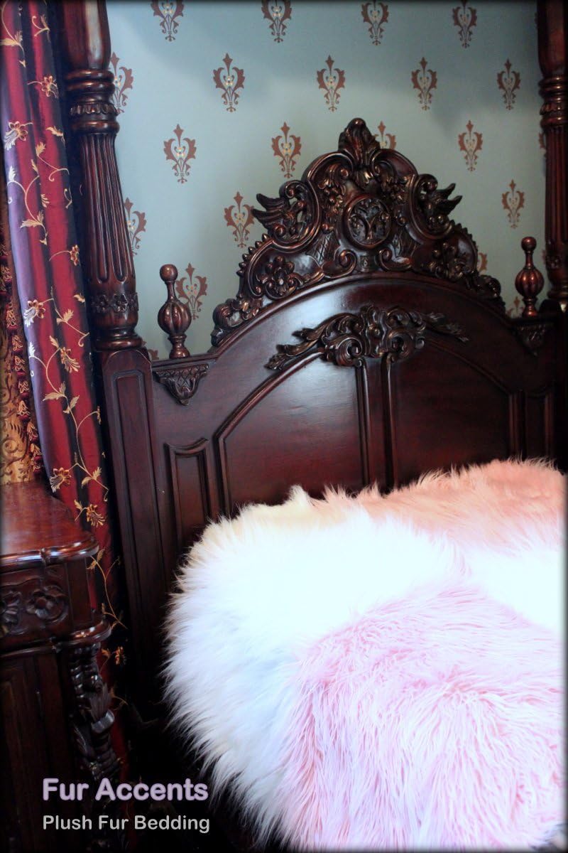 Premium Faux Fur Queen Size Bedspread,Throw Blanket, Shaggy Faux Fur, Pink and White, Patchwork Quilt Squares Other Sizes, Colors Available