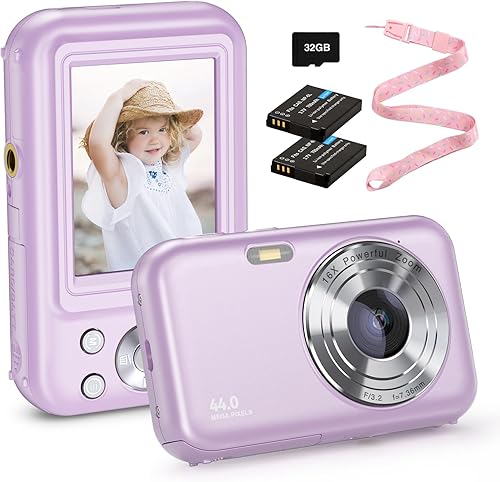 Cámara digital, FHD 1080P para niños, cámara de apuntar y disparar de 44 MP, cámara pequeña compacta con zoom 16X para niños con tarjeta de 32G y 2