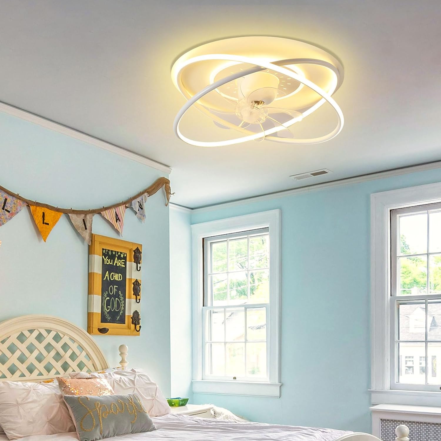 Modern Smart Ceiling Fans with Lights 360° Rotating Ceiling Fan Remote 6 Wind Speeds Ceiling Fan Light Dimmable 96W LED Ceiling Lighting for Bedroom Kids Room Living Room