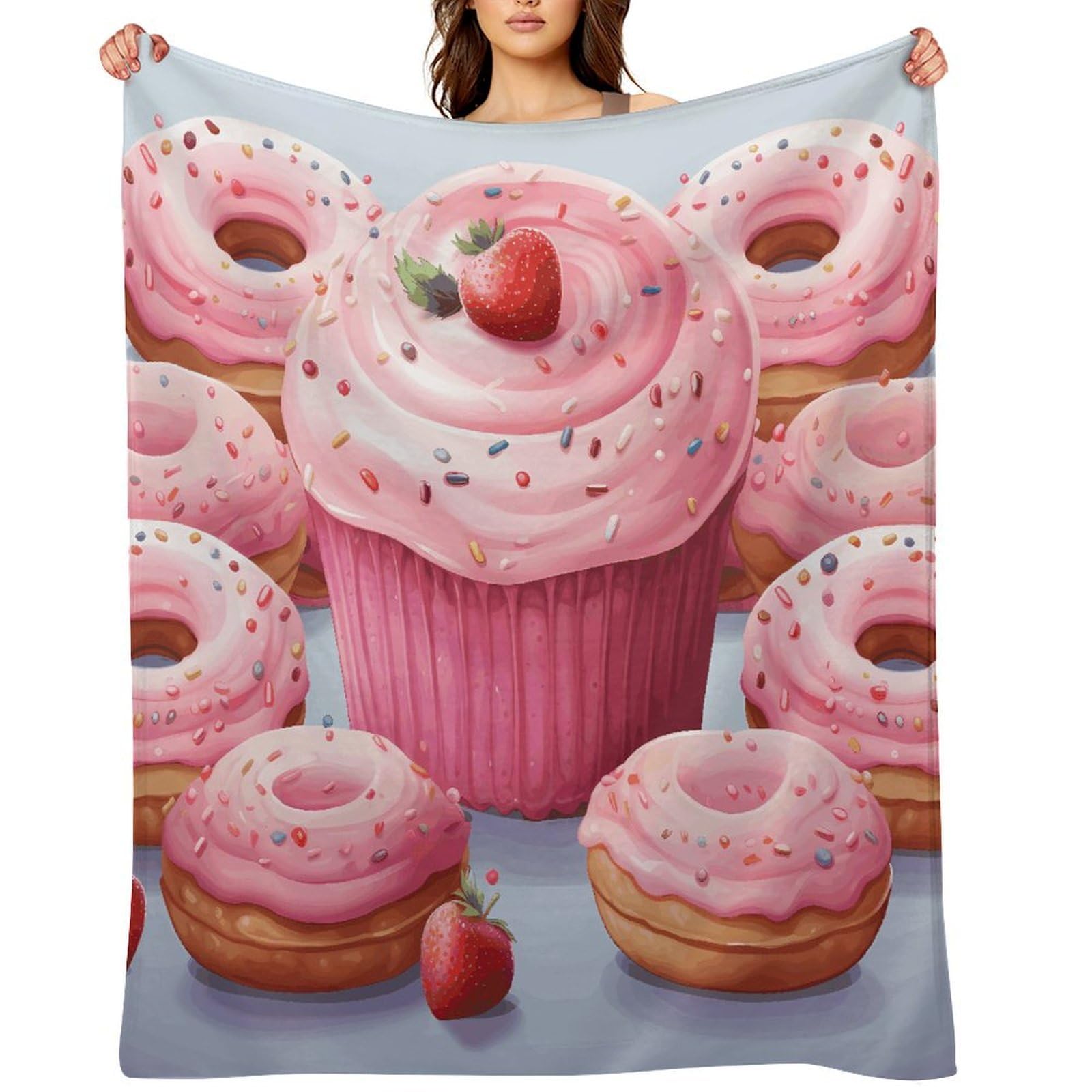 Pink Donut and Cupcake Blankets Large Luxury Flannel Throw Blanket Fashion Thick Blanket for Sofa&Bed Blankets Cozy Ultra-Soft Bath Towel for Men&Women 40"x50"
