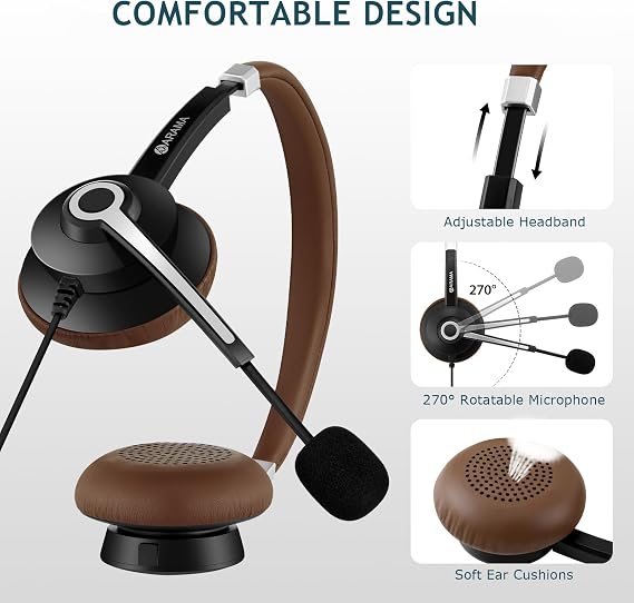 Arama USB Headset with Microphone for PC Laptop, On-Ear Computer Headphones with Noise Cancelling Mic, Wired Headset with in-line Control for Home Office Online Class Skype Zoom