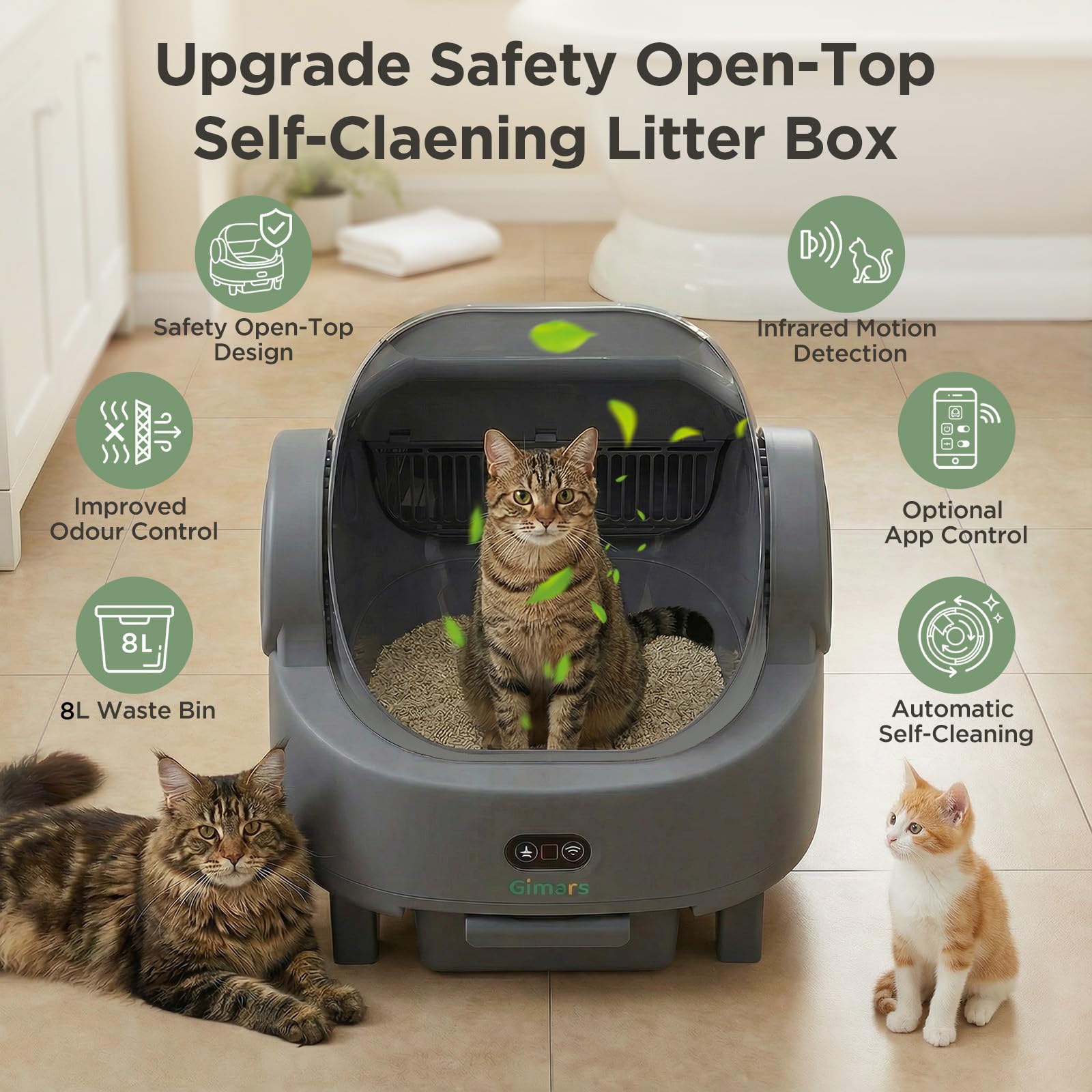 Gimars Open Top Design Self Cleaning Litter Box, Automatic Cat Litter Box for Multiple Cats & Senior Cats, App Control with Safety Sensors, Low Odor, Includes Trash Bags & Litter Mat - image 6