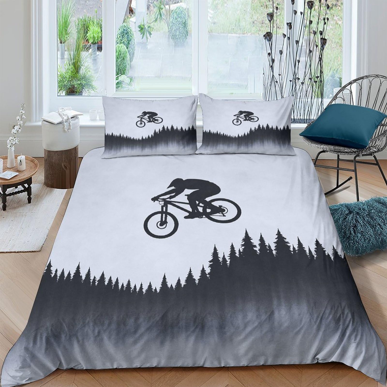 Ctjqhvkz Style-3 3D Printed Mountain Bicycle Fitted Sheet Microfiber Soft Breathable Forest Landscape Bed Cover For Bedroom Guest Room Decor Single（135X200cm）