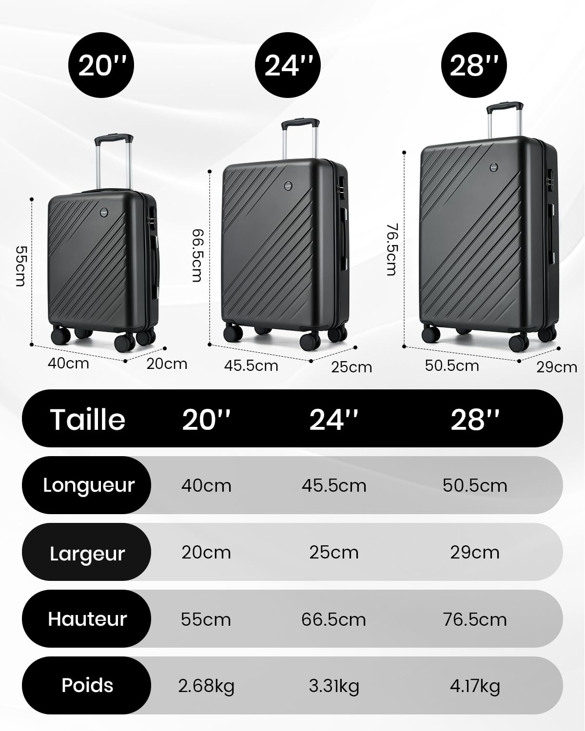 Kono Valise Grande Taille Soute 76.5cm 94L Valise Rigide ABS+PC Anti-salissure Imperméable Léger Résistant à la Compression 360° Roues Silencieuses avec Serrure Extérieure de Sécurité, Gris/Noir
