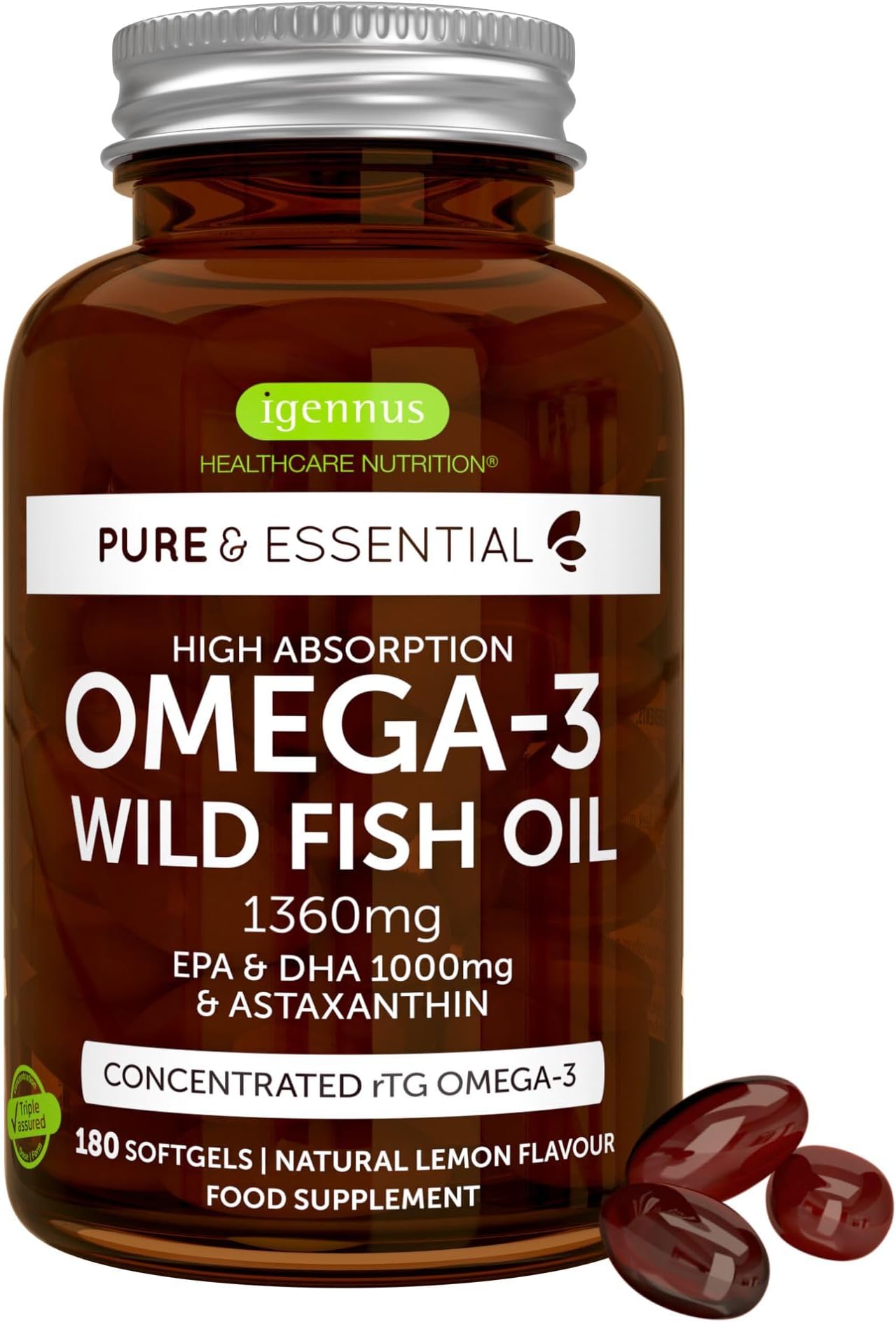 โ Igennus Ultra Pure Omega 3 Triglyceride rTG Wild Fish Oil 1360mg, IFOS Certified, EPA DHA 1000mg Plus Astaxanthin, Non-GMO, for Men & Women, 180 Softgels
