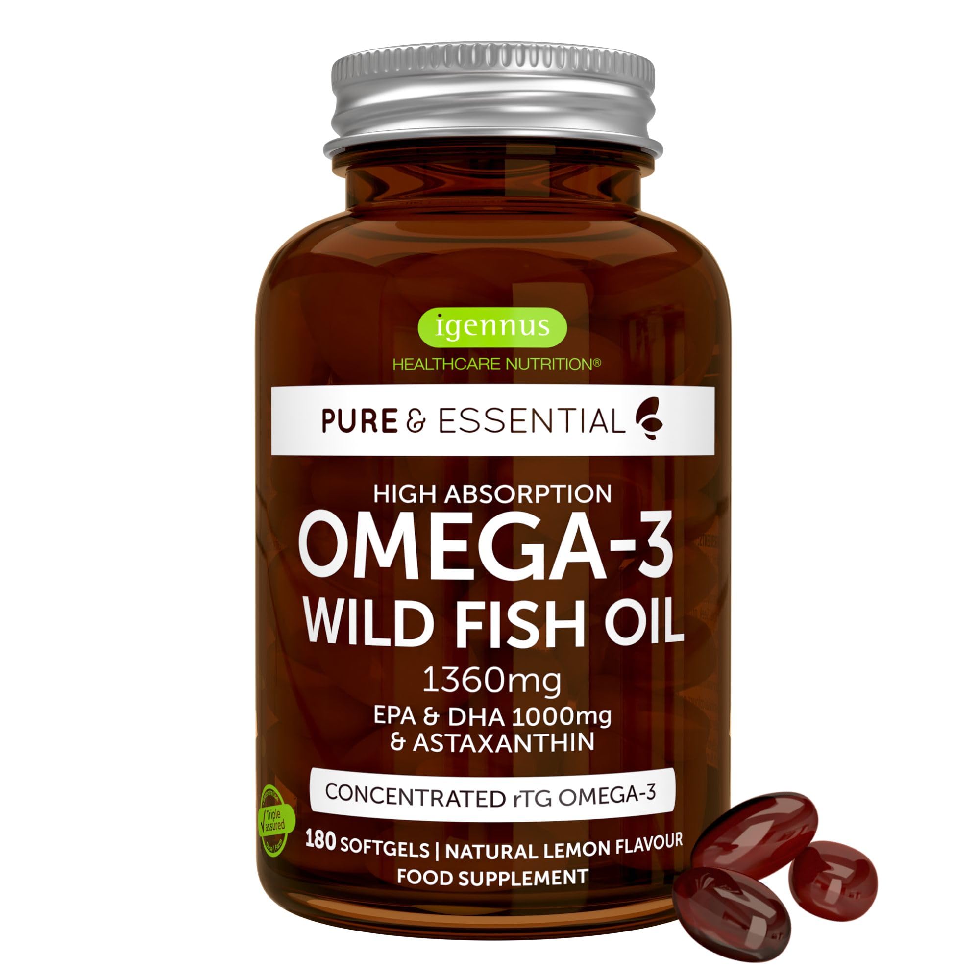 Igennus Omega-3 Wild Fish Oil & Astaxanthin, Highest Grade Triglyceride rTG, IFOS Certified Ultra Pure, Omega-3 EPA & DHA Fatty Acids 1000mg, Tested Safe for Mercury, PCBs and Dioxins, 180 Softgels