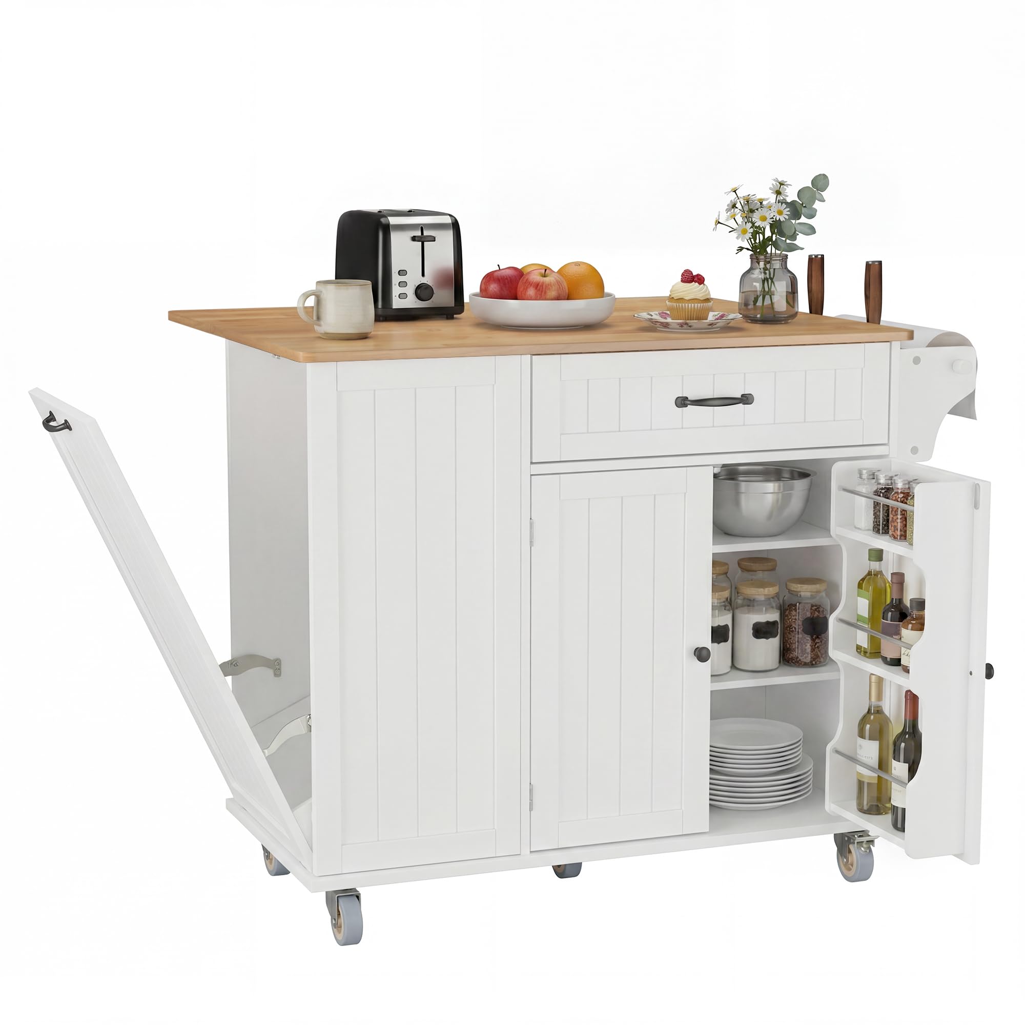 Xbro Isola Cucina con Piano di Lavoro Pieghevole e Ruote, Penisola Cucina Salvaspazio con Cassetto, Vano Pattumiera, Portacoltelli e Portasciugamani, Mobile Cucina 113 x 51 x 90 cm