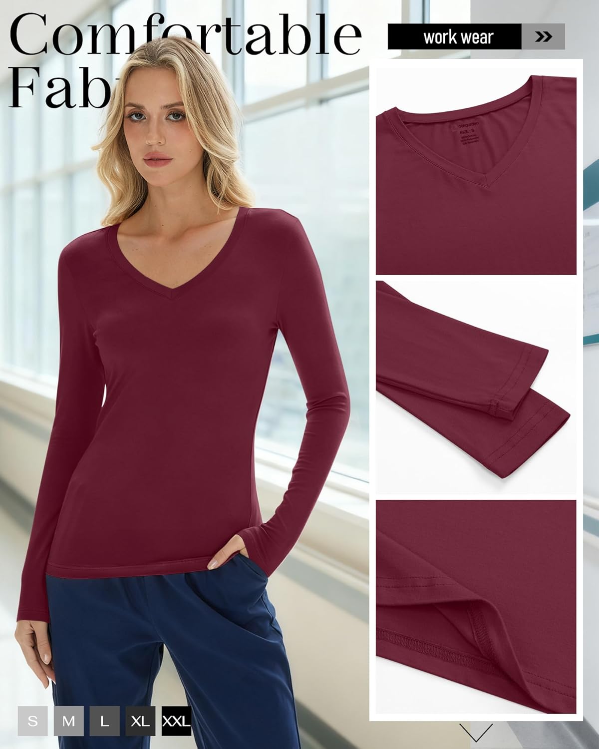 5 Pack Women's Long Sleeve Under Scrubs V Neck Fitted Undershirts Basic Layering Tops for Nurse - Image 4