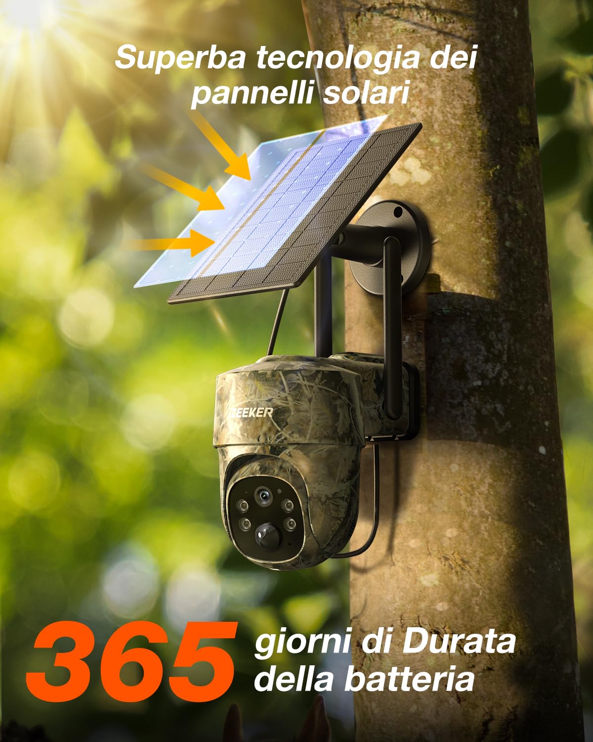 iZEEKER 4G LTE Fototrappola Solare, Fotocamera Caccia PTZ 2K con Scheda SD & SIM Visualizzazione Completa a 360°, Streaming Live, No Glow IR, Visione Notturna Motion Attivato IP65 Impermeabile