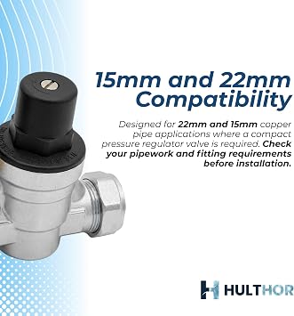 Pressure Reducing Valve 15mm & 22mm, Adjustable 1-6 Bar Brass Water Pressure Regulator with Gauge for Compression and Copper Pipe, Hulthor
