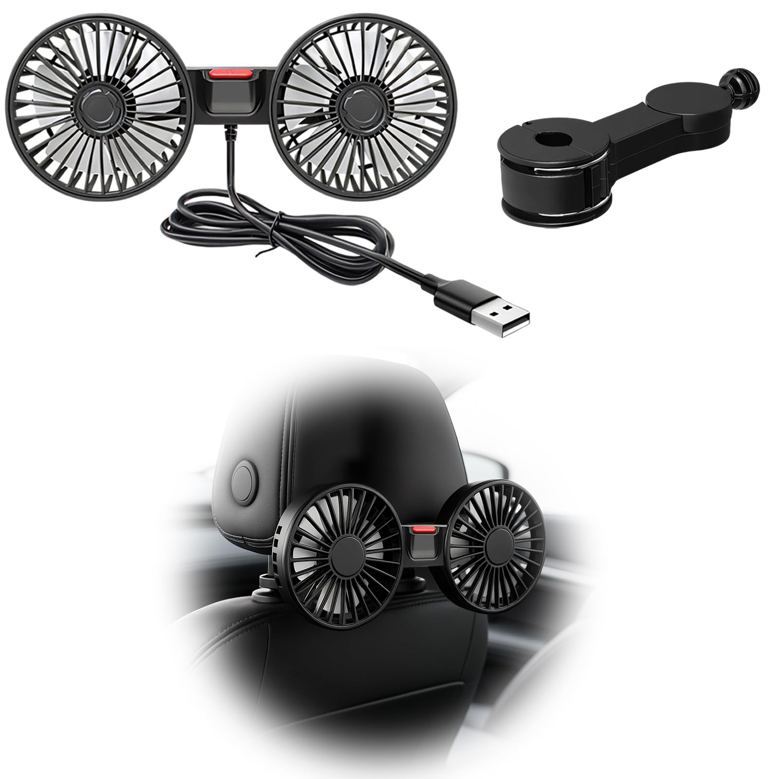 Ventilateur de siège arrière de voiture rotatif à 360 °, ventilateur de voiture USB, 3 vitesses réglables, puissant et silencieux, mini ventilateur pour la maison, le bureau, 12 V, camion, caravane