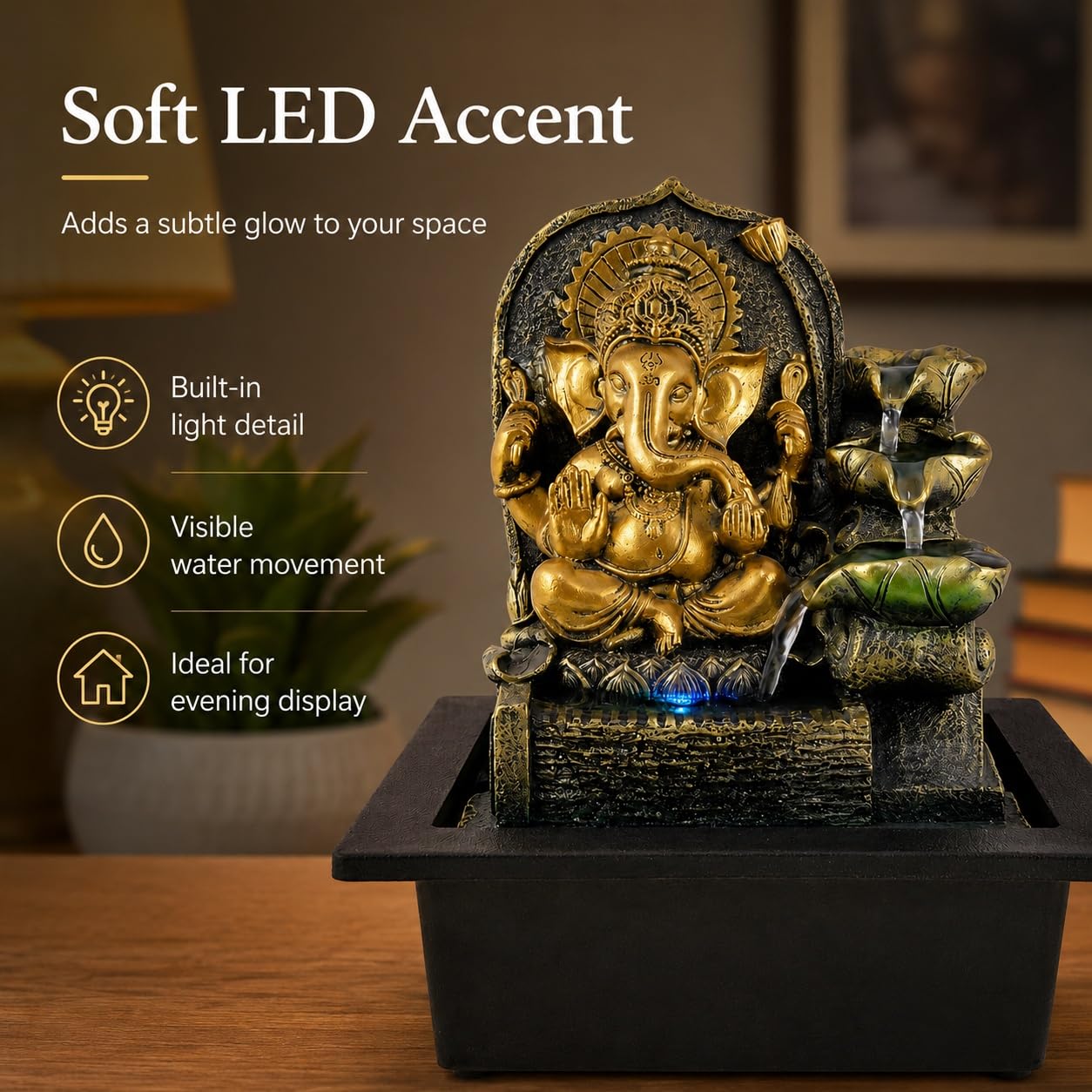 Ganesha Fuente de mesa, fuente de cascada interior de 11 pulgadas con luz LED, decoración de flujo de agua de hojas escalonadas para escritorio, oficina en casa