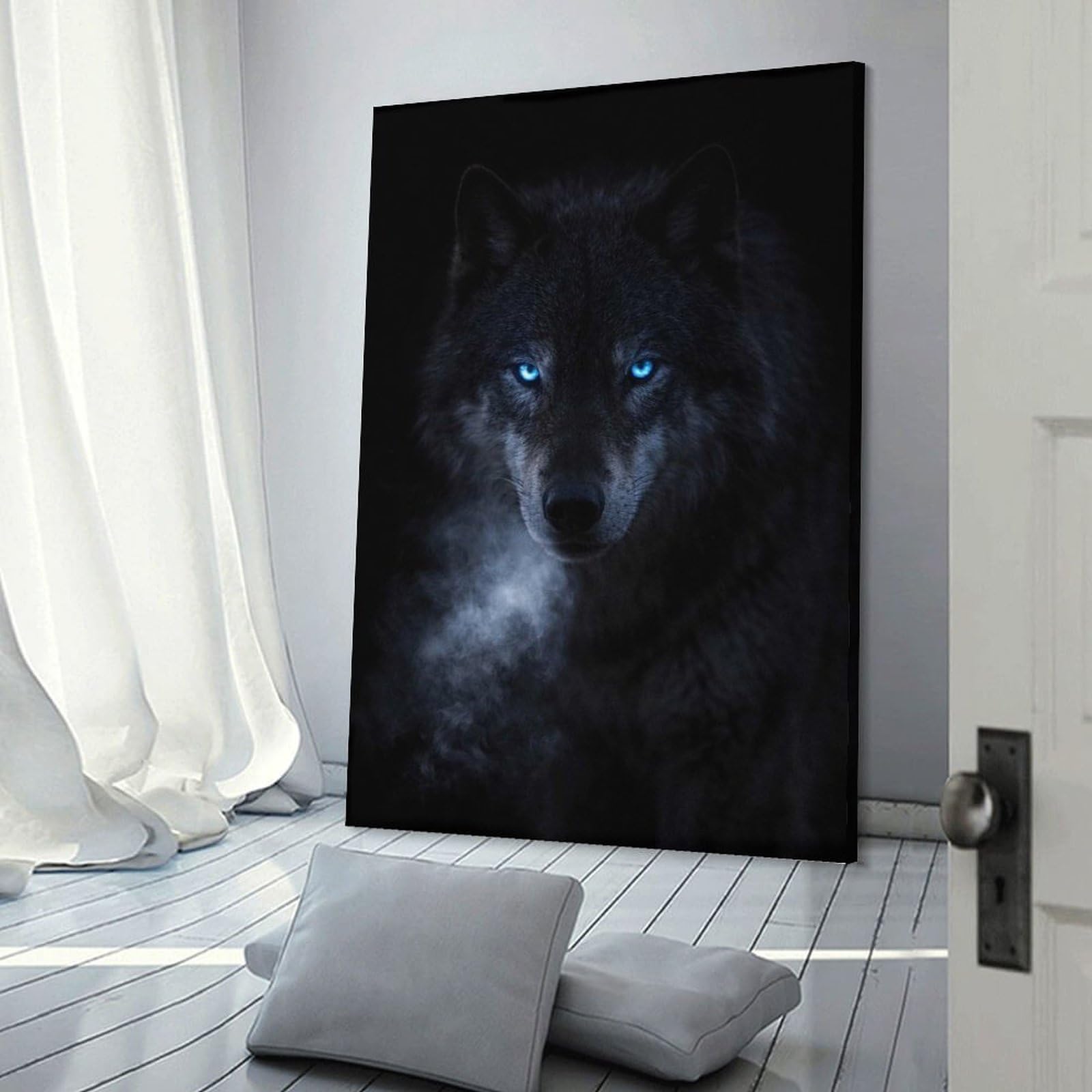Junmoney Wall Picture Print Wolf with Glowing Blue Eyes, 12x18inch(30x45cm), for Living Room, Bedroom, Office Or Hallway, A Flexible Wall Accent for Shared Spaces