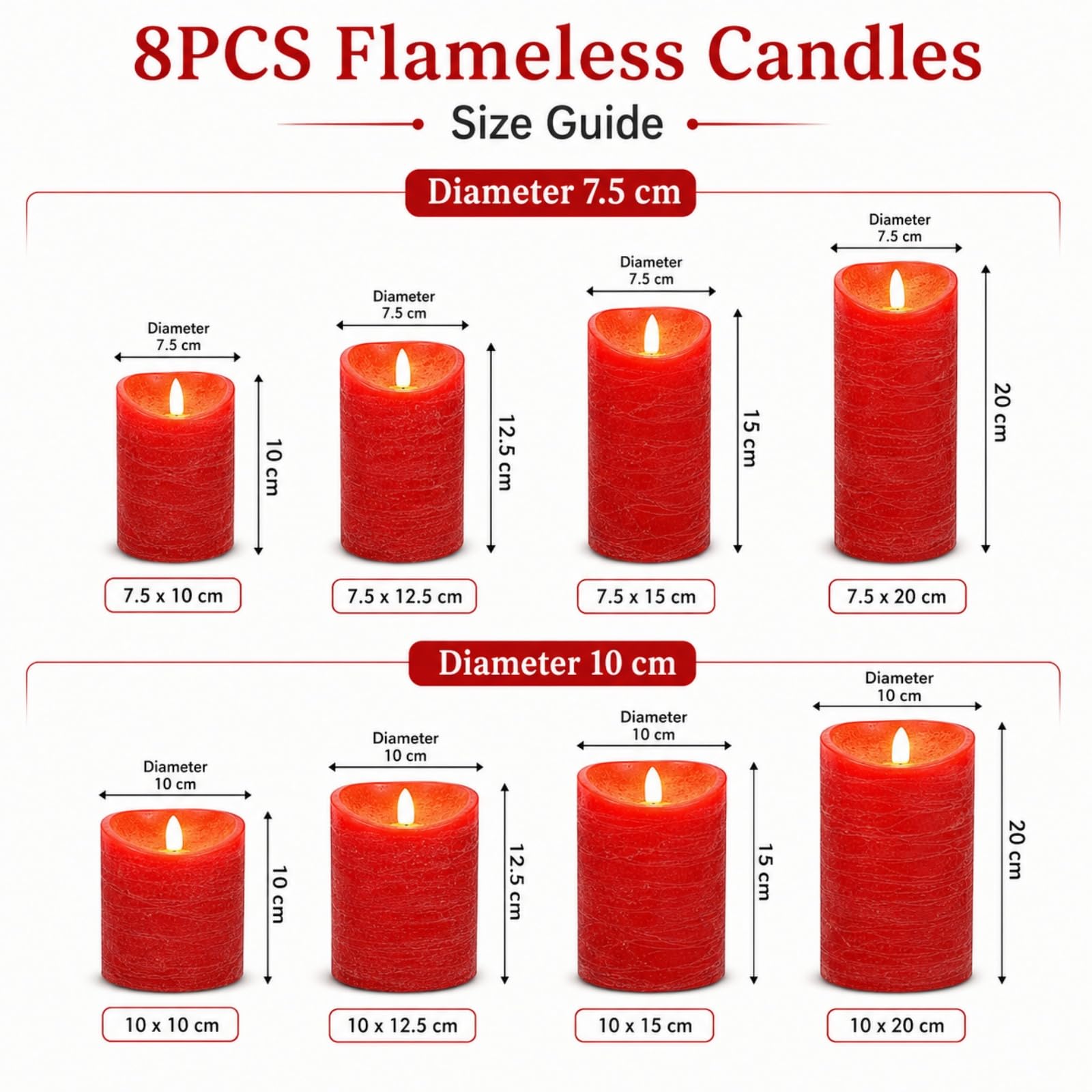 Mateju 8 Pezzi Candele LED Fiamma Oscillante con Telecomando e Timer, Candele LED Decorative a Batteria Luci Senza Fiamma Lunghe per Interni Esterni Camera da Letto Sala (Rosso)