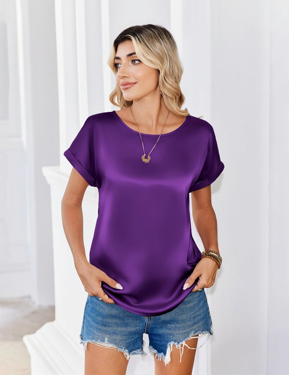 Zeagoo Satin Blouse for Women Business Casual Outfit Short Sleeve Tops Crewneck Tshirt Silk Shirt Summer Clothes - Image 5