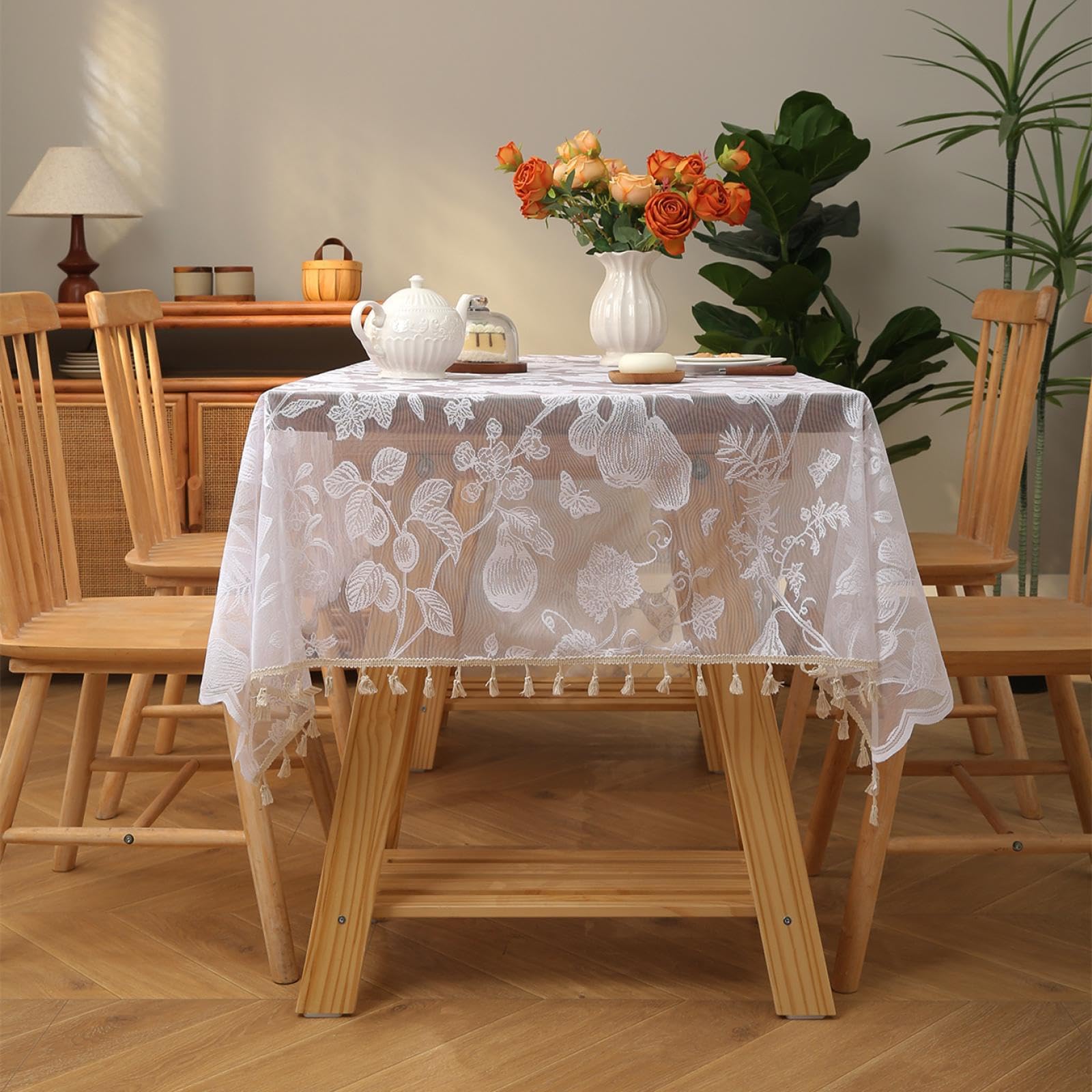 Nappe à pampilles en dentelle blanche 140x100 cm pour table basse et repas