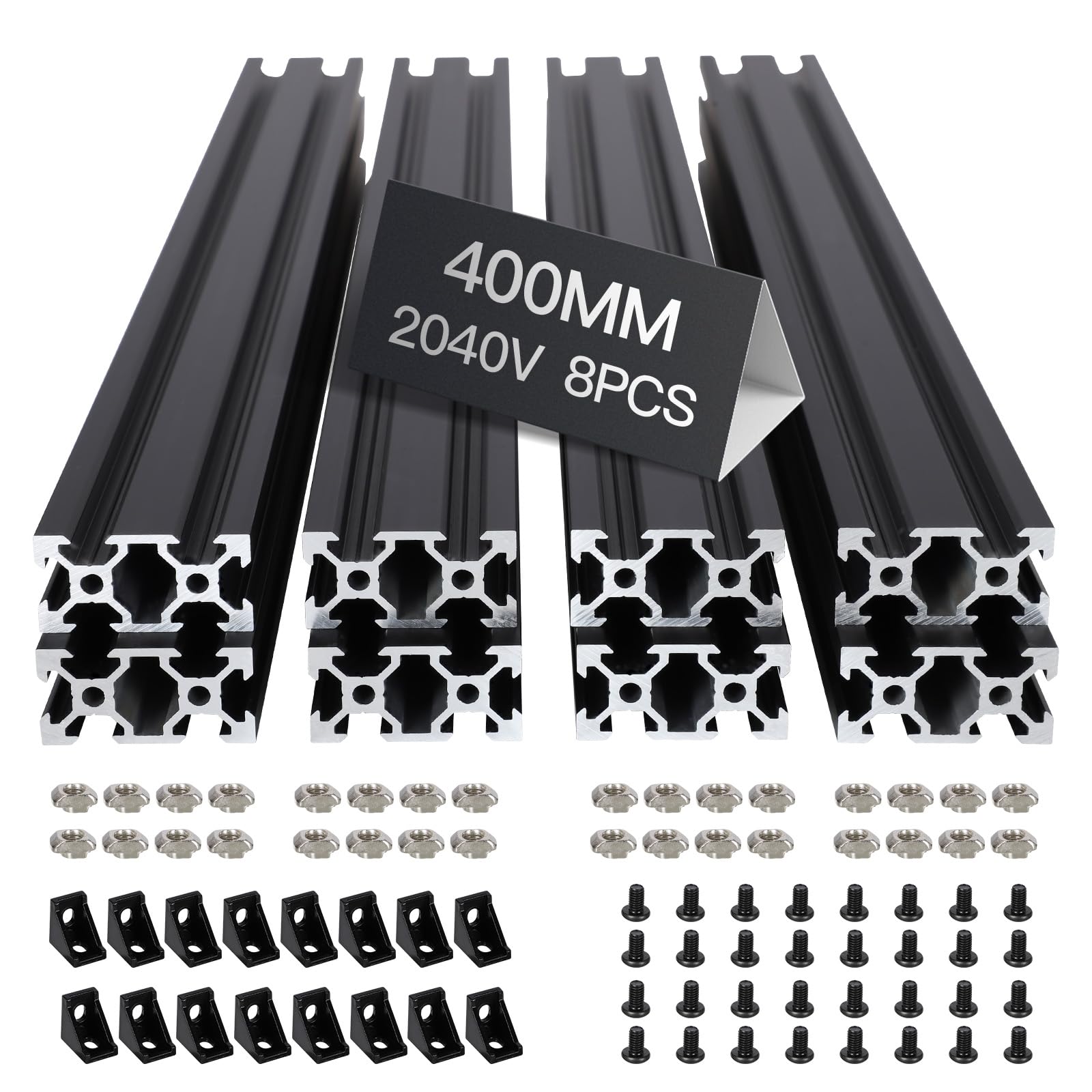 8pcs 400mm 2040 V-Slot Extrusion Aluminum Profile, Anodized Linear Rail for 3D Printer Frame, CNC Machine, DIY Robotics & Structural Projects Black