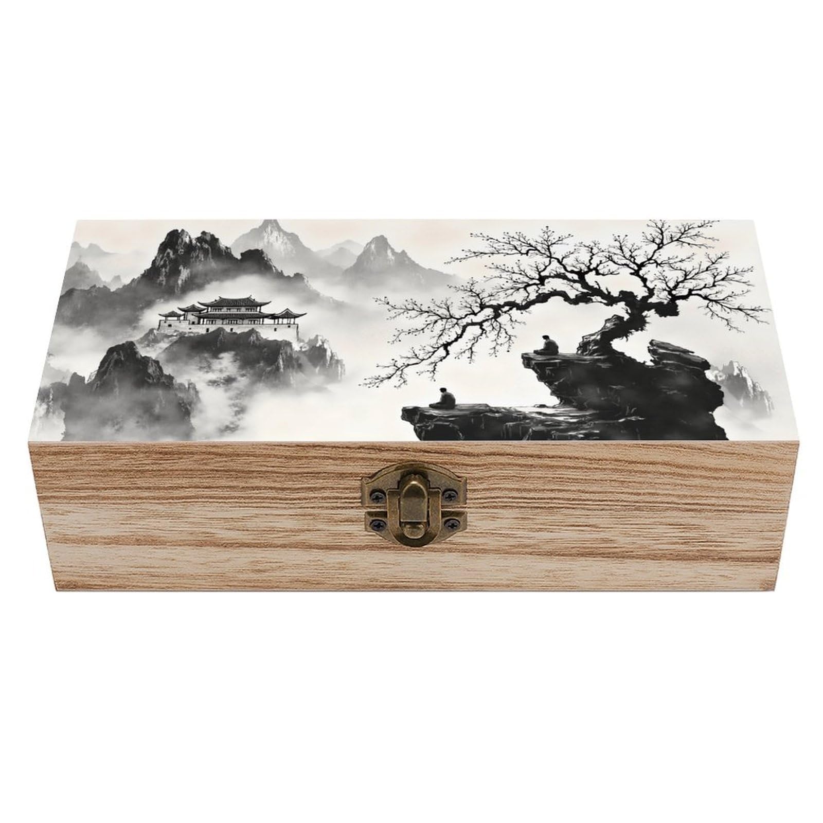 Mountain Temple Mist Wooden Storage Box with Hinged Lock,Decorative Handmade Keepsake Jewelry Chest, Elegant Retro Decor Boxes, Compact Organizer Box for Home, Wedding, Gifts