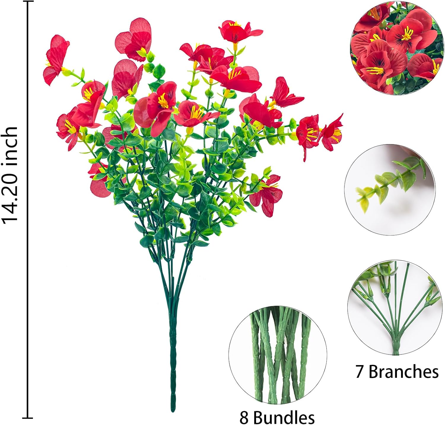 8 Bundles Artificial Fake Flowers Outdoor,UV Resistant Outside Faux Plastic Flowers Shrubs for Outdoors Patio Garden Porch Décor(Red) - Image 8