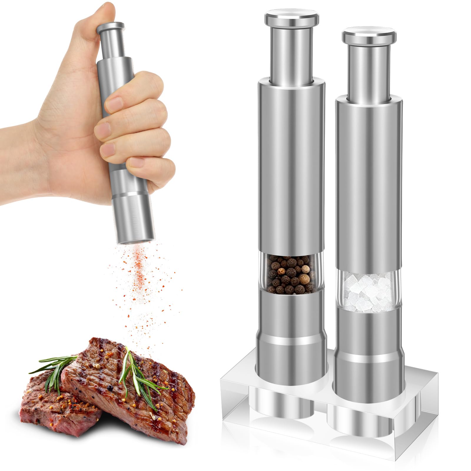 2Pack Stainless Steel Salt and Pepper Grinder Set Refillable One Handed Thumb Press Salt and Pepper Mill with Stand Modern Design Multipurpose Herb Grinder Ideal for Home, Kitchen, Outdoor