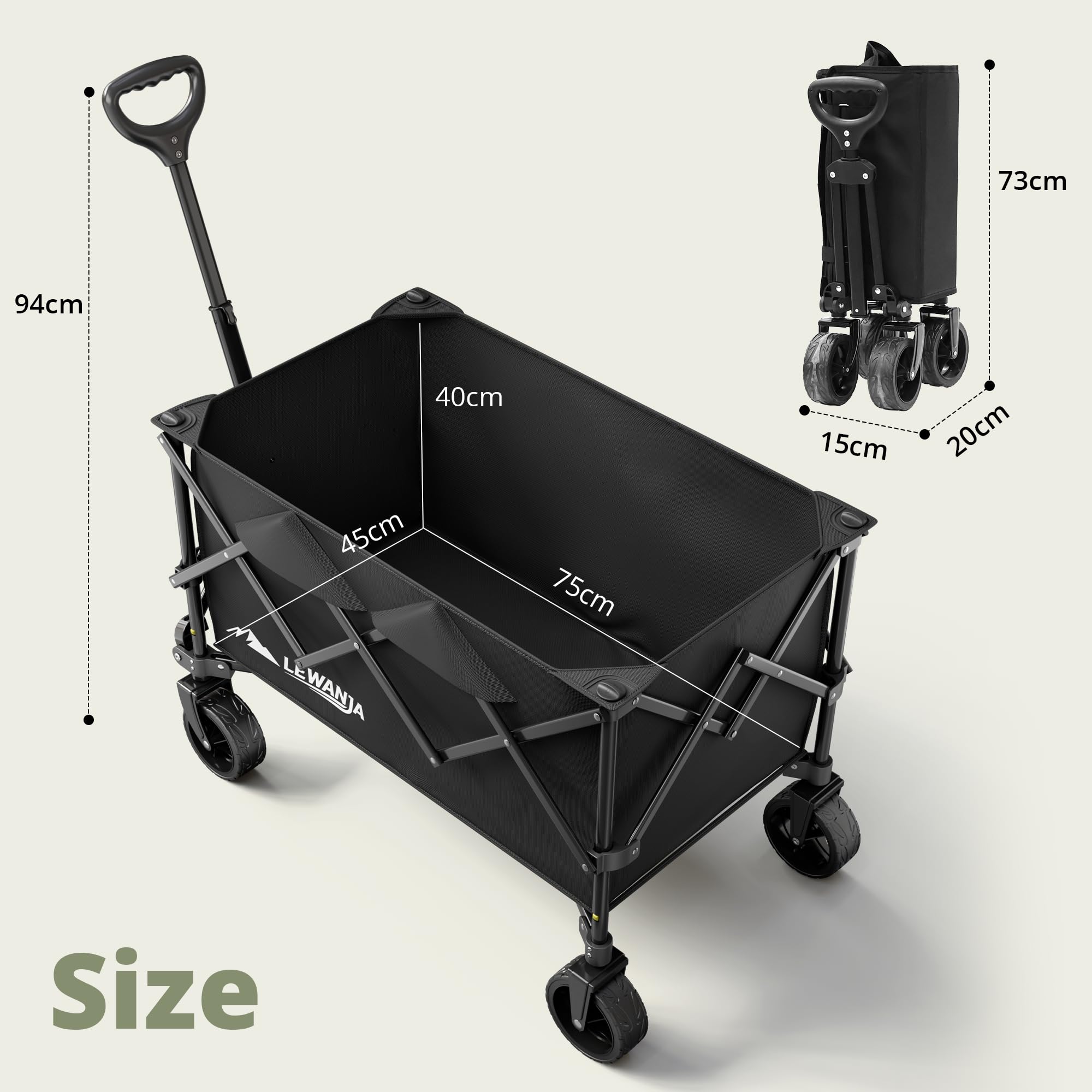 LEWANJA 140L Carro Playa Plegable, Robusto Carrito de Jardín con Mango Ajustable, Carga 130kg, para Camping, Festivales y Compra