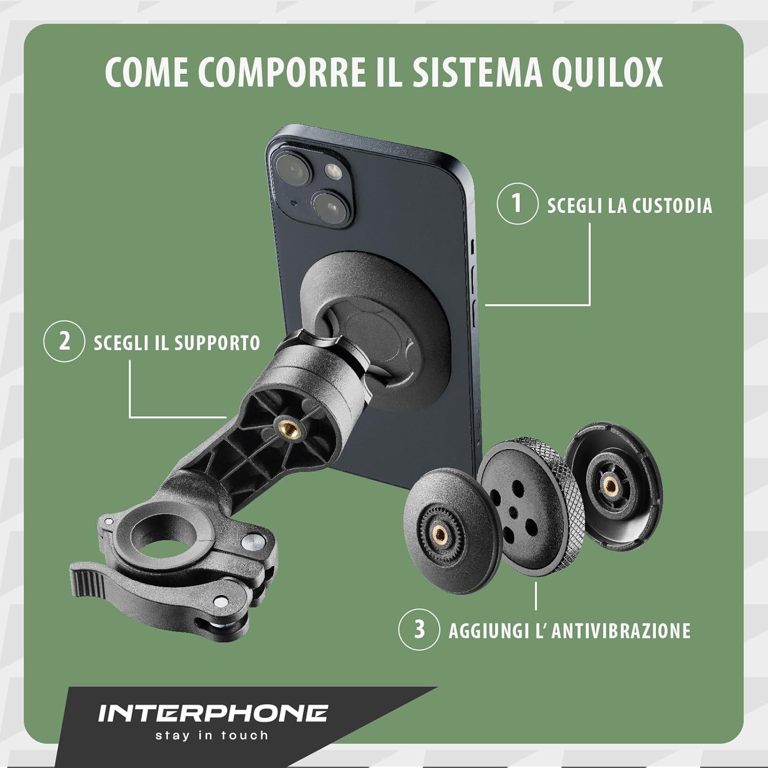INTERPHONE QUIKLOX - Custodia per Apple iPhone 16 Tetraforce per Attacchi Moto Auto o Bici - Cover Supporto Porta Cellulare Moto - Sistema Modulare QUIKLOX - Aggancio Sgancio Rapido