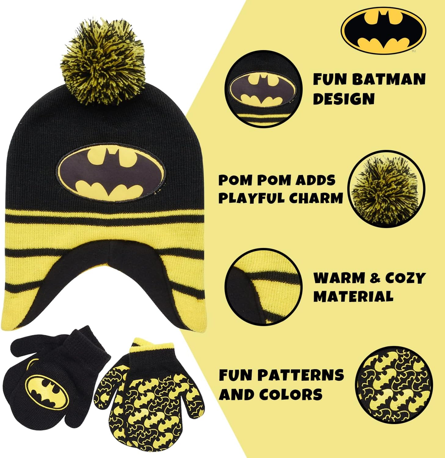 DC Comics Boys Batman Winter Hat 2 Pair Gloves or Mittens Set (Toddler/Little Boys) - Image 3
