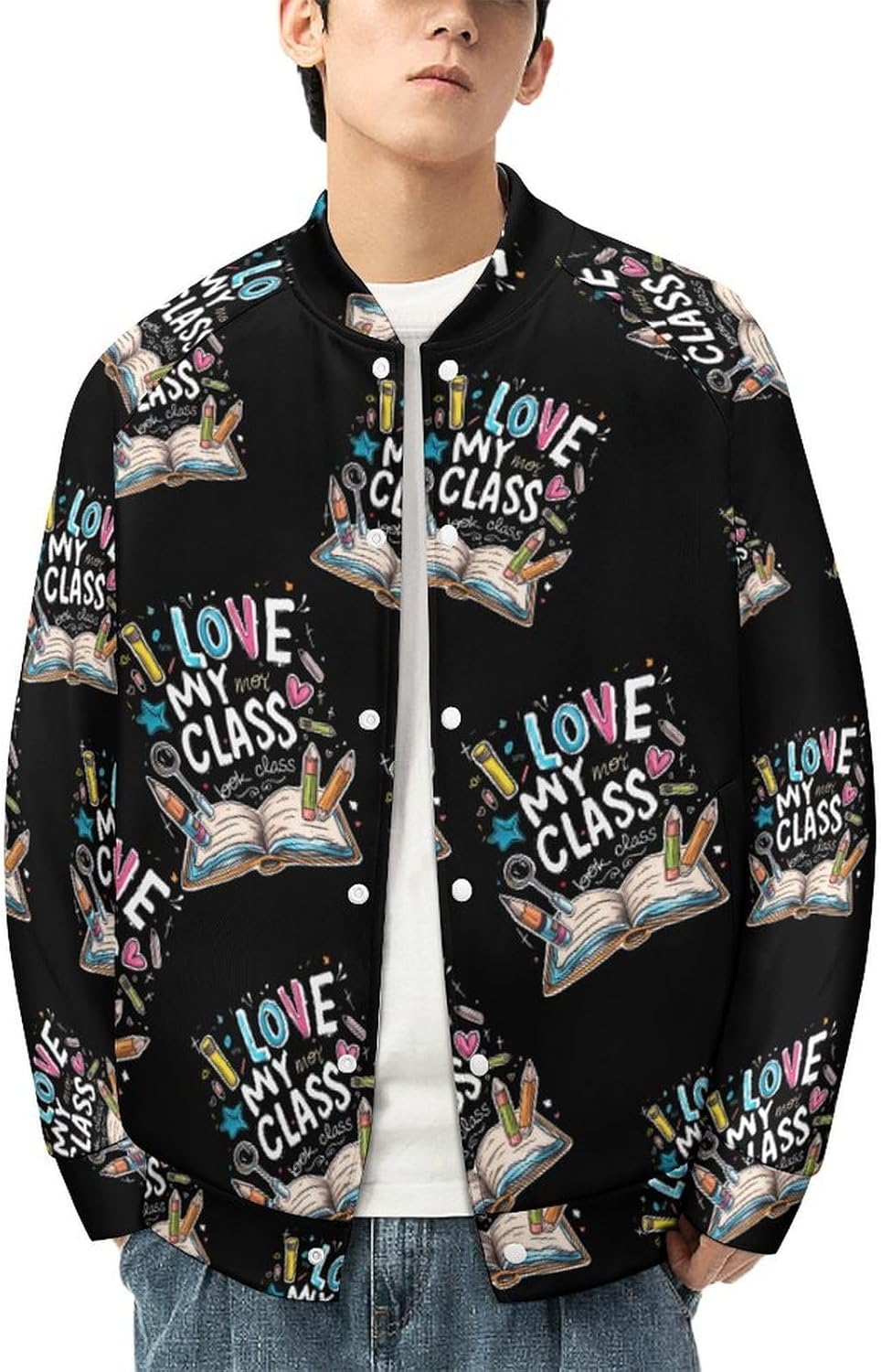 I Love My Class Novelty Men's Baseball Jackets Causal Sweatshirt Button Top Long Sleeve Coat
