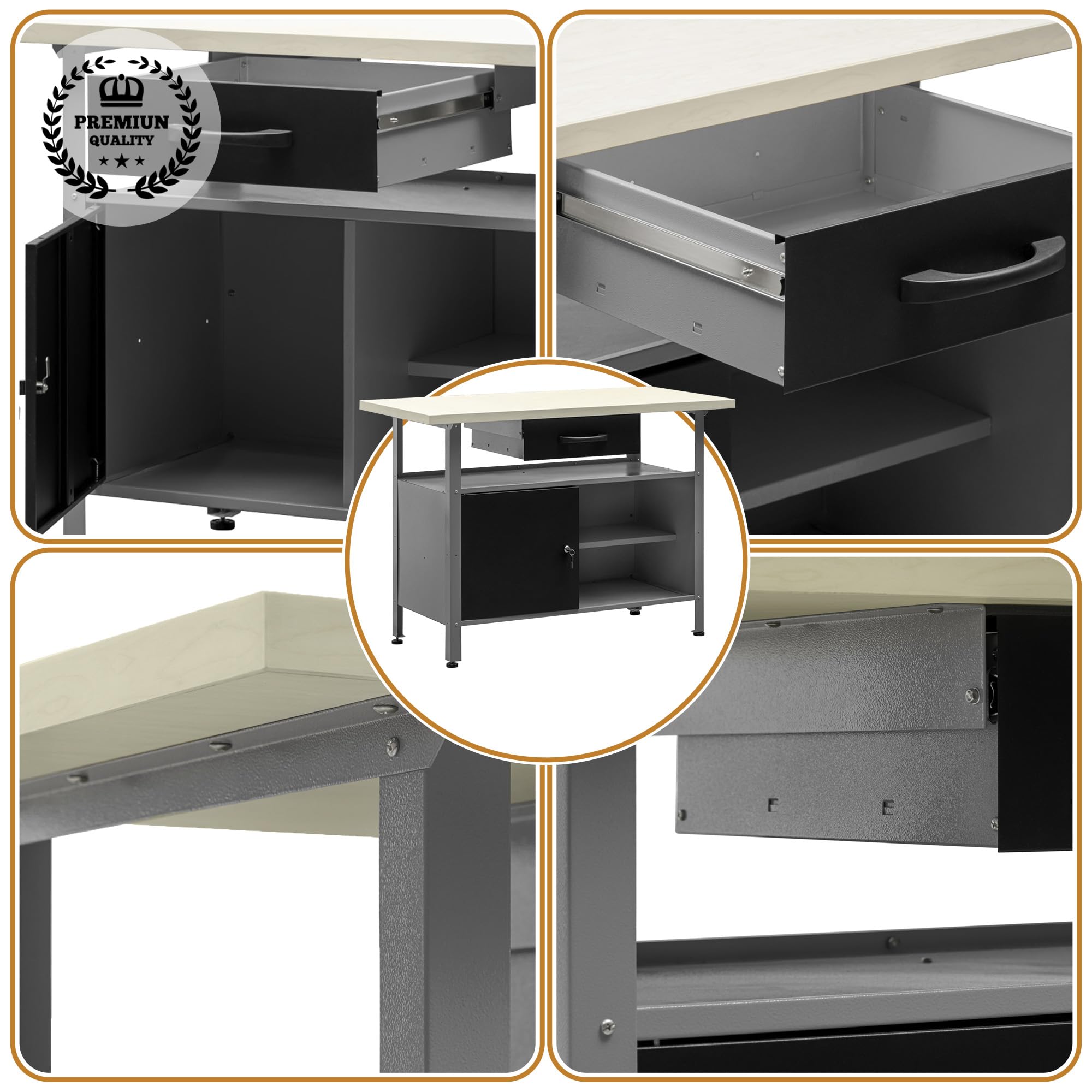 METALLMOBELL Banco de Trabajo Profesional 120x60x84cm Cajón Armario con Llave MB007