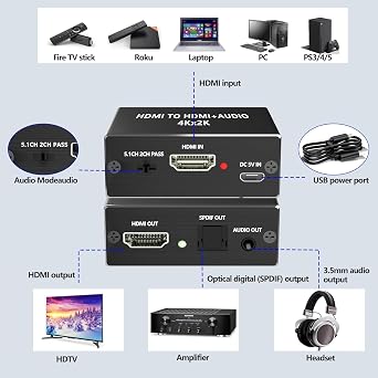 HDMI Audio Extractor, 4K x 2K Audio Splitter, HD MI Input to HDMI + Optical Digital + 3.5mm Stereo Output, Compatible for PS5/PS4/PS3/Blu-ray/HDTV