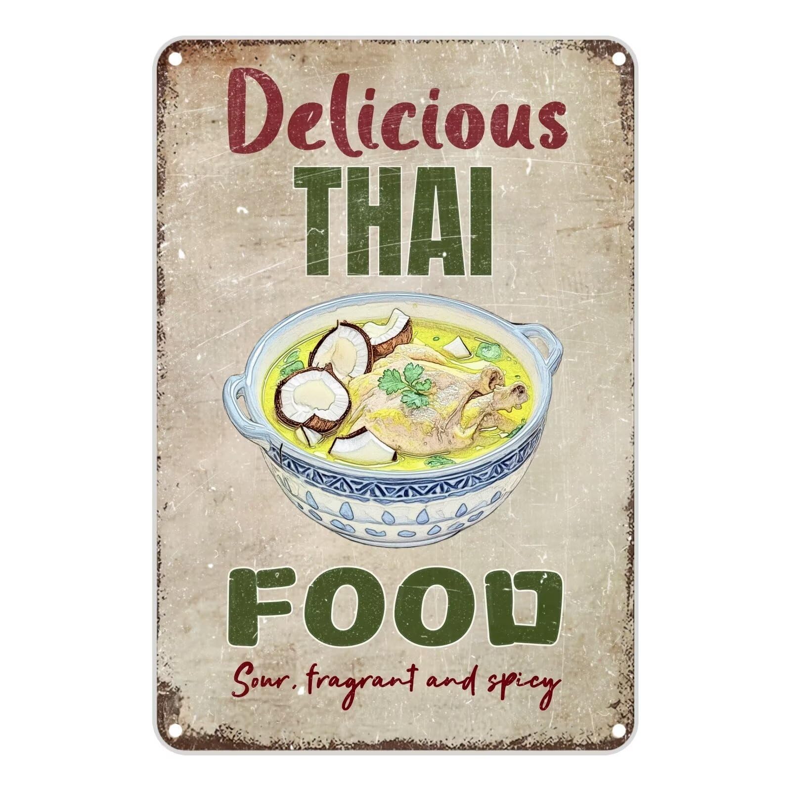 Asbwuo A16 Vintage Metal Sign Aluminum Sign 8X12 Inch Delicious Thai Food Sour Fragrant And Spicy Coconut Chicken Tin Sign Retro Wall Decor For Home, Cafe, And Garden - For Home Decor