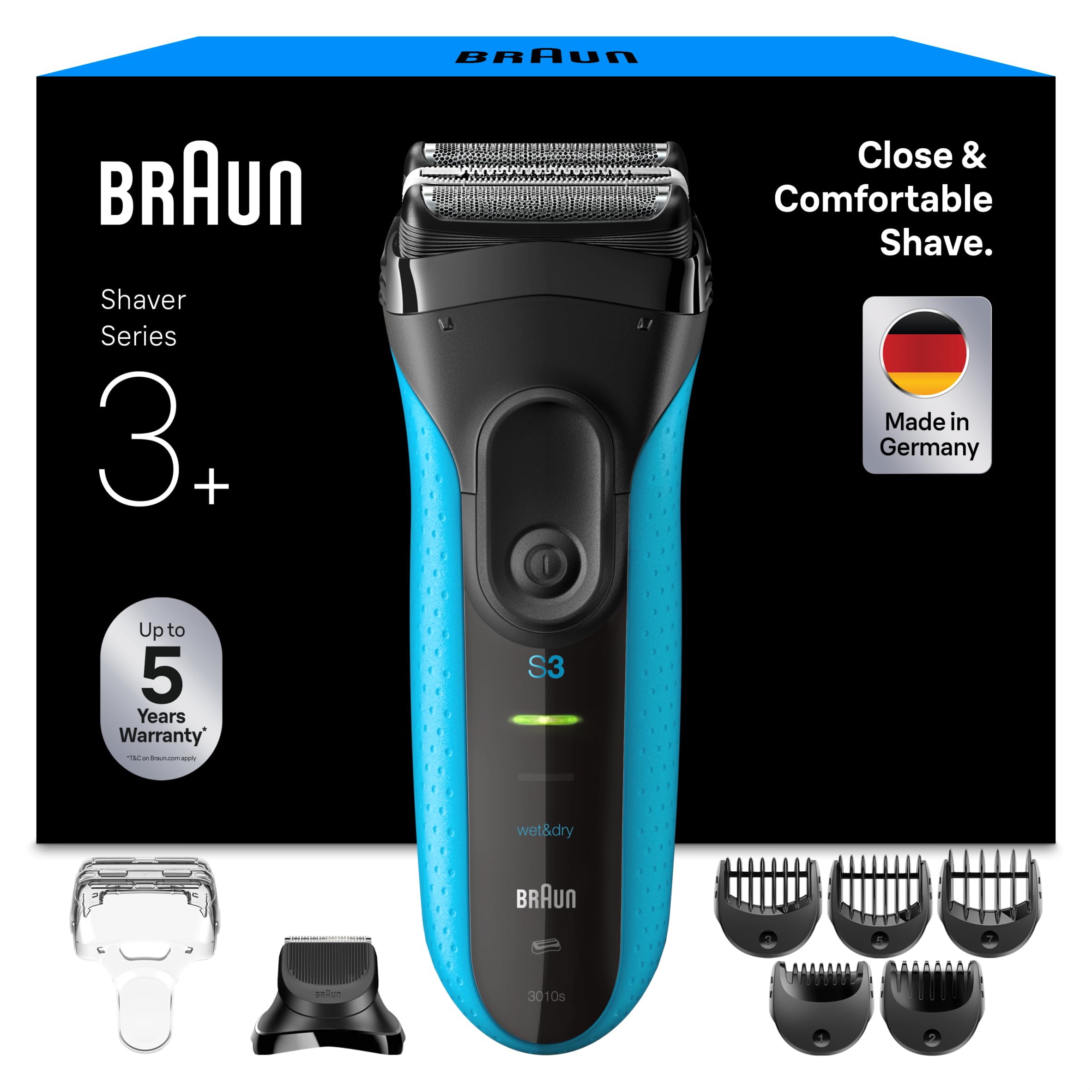 Braun Afeitadora eléctrica serie 3+, 3 cuchillas flexibles, micropeine de eficiencia, accesorio para recortadora de barba, +5 peines, maquinilla de afeitar húmeda y seca para hombres, fabricada en