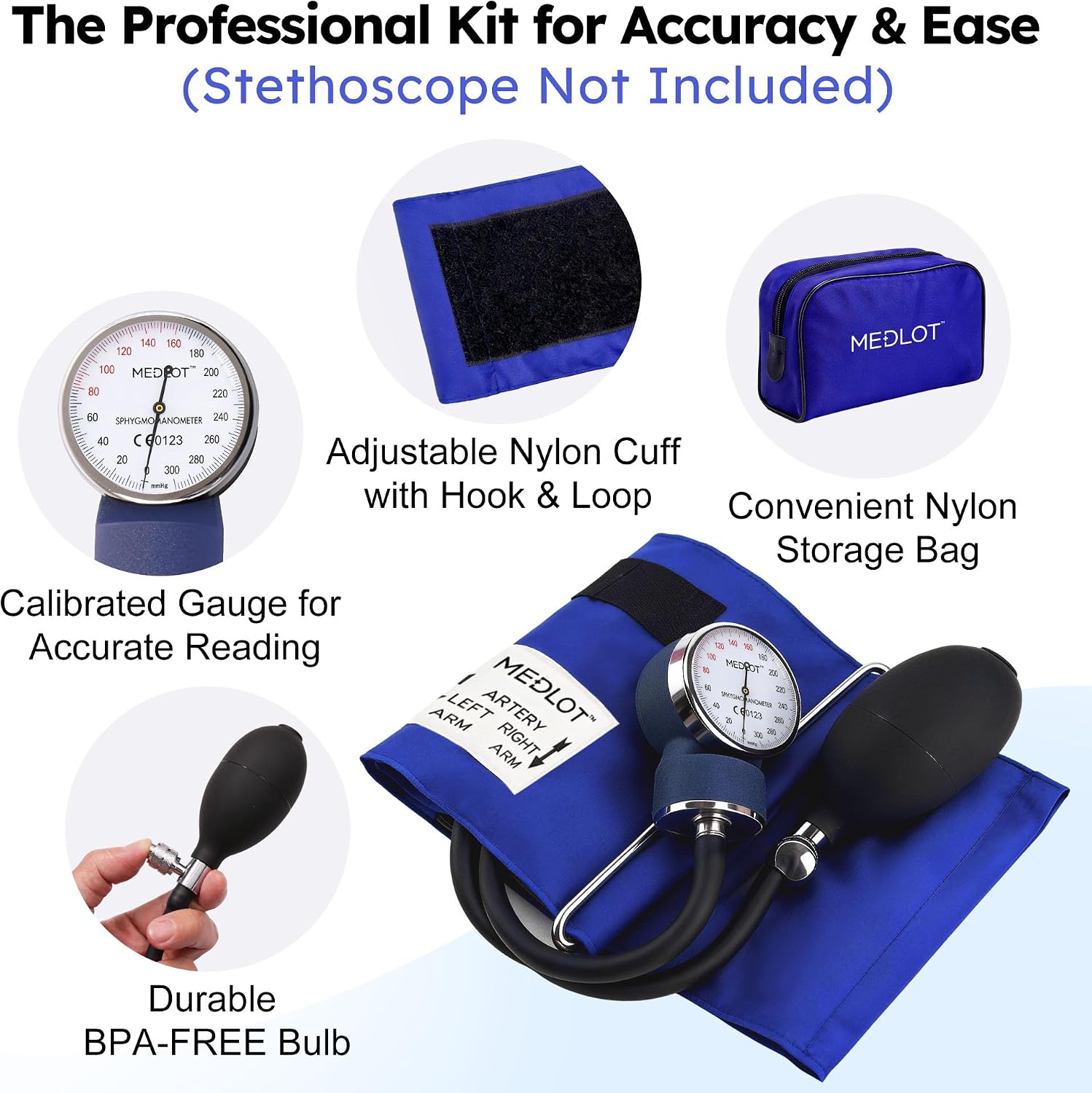 LotFancy Manual Blood Pressure Cuff Adult, Professional BP Cuff, Sphygmomanometer with Carrying Case for Home Medical, Nursing Student, Doctor, Nurse, Blue