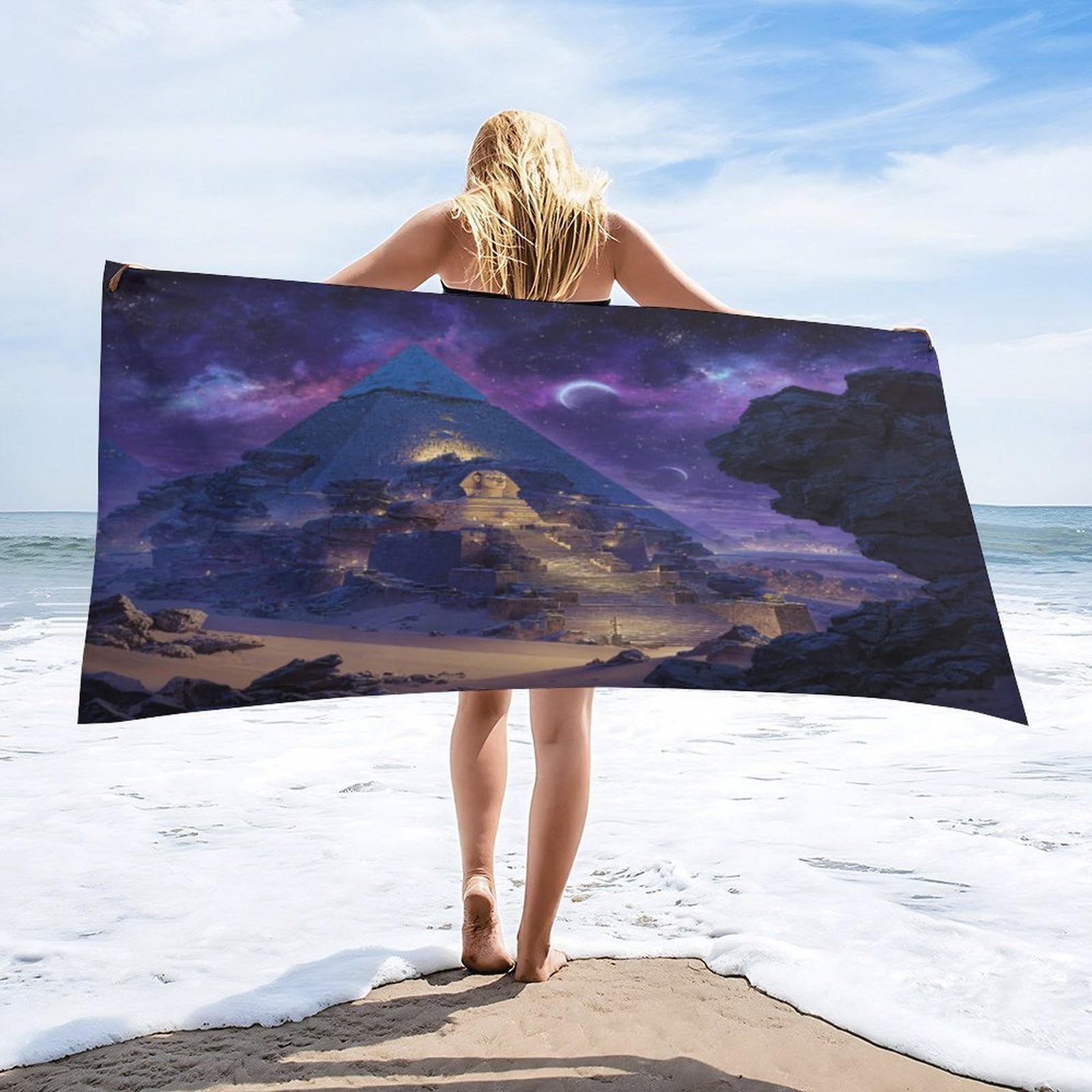 Luyysky Beautiful Classic Pyramid Egypt Quick-Drying Beach Towel, Modern Abstract Starry Galaxy Outer Space Planet Egyptian Travel Vacation Single Sided Pile Bathroom Towels-80 W Cm X 160" L Cm