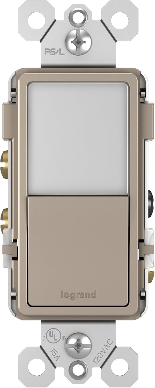 Legrand radiant NTL873NICC6 15 Amp Combination Adjustable LED Night Light and 3-Way Decorator Rocker Switch for Hallways or Kids Bedrooms, Nickel (1 Count)