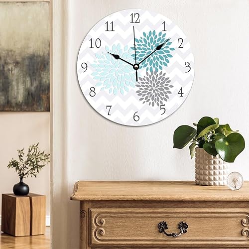 Miniatura 3 de ArogGeld Reloj de pared decorativo con flores de dalia gris aguamarina y verde azulado, funciona con pilas, relojes silenciosos de madera con flores