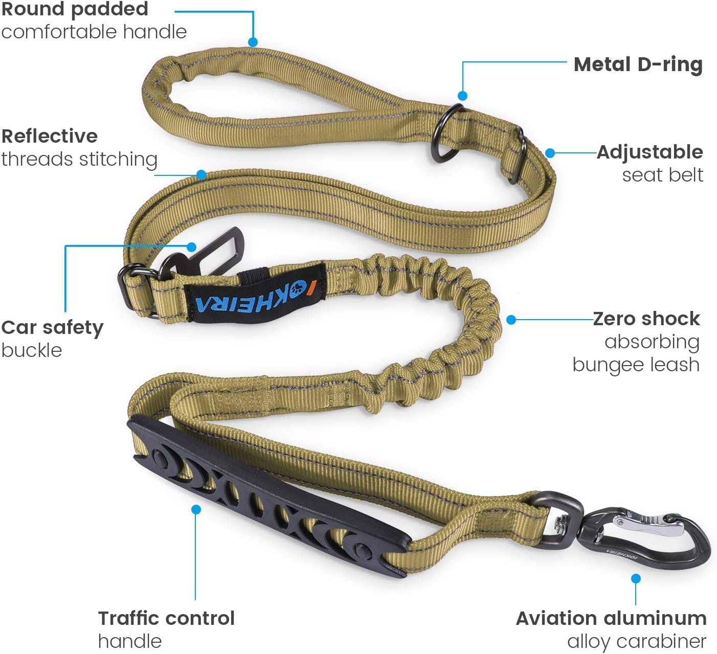 IOKHEIRA Bungee Dog Leash, Anti Pull Dog Leads with Car Seat Belt Buckle - Image 3