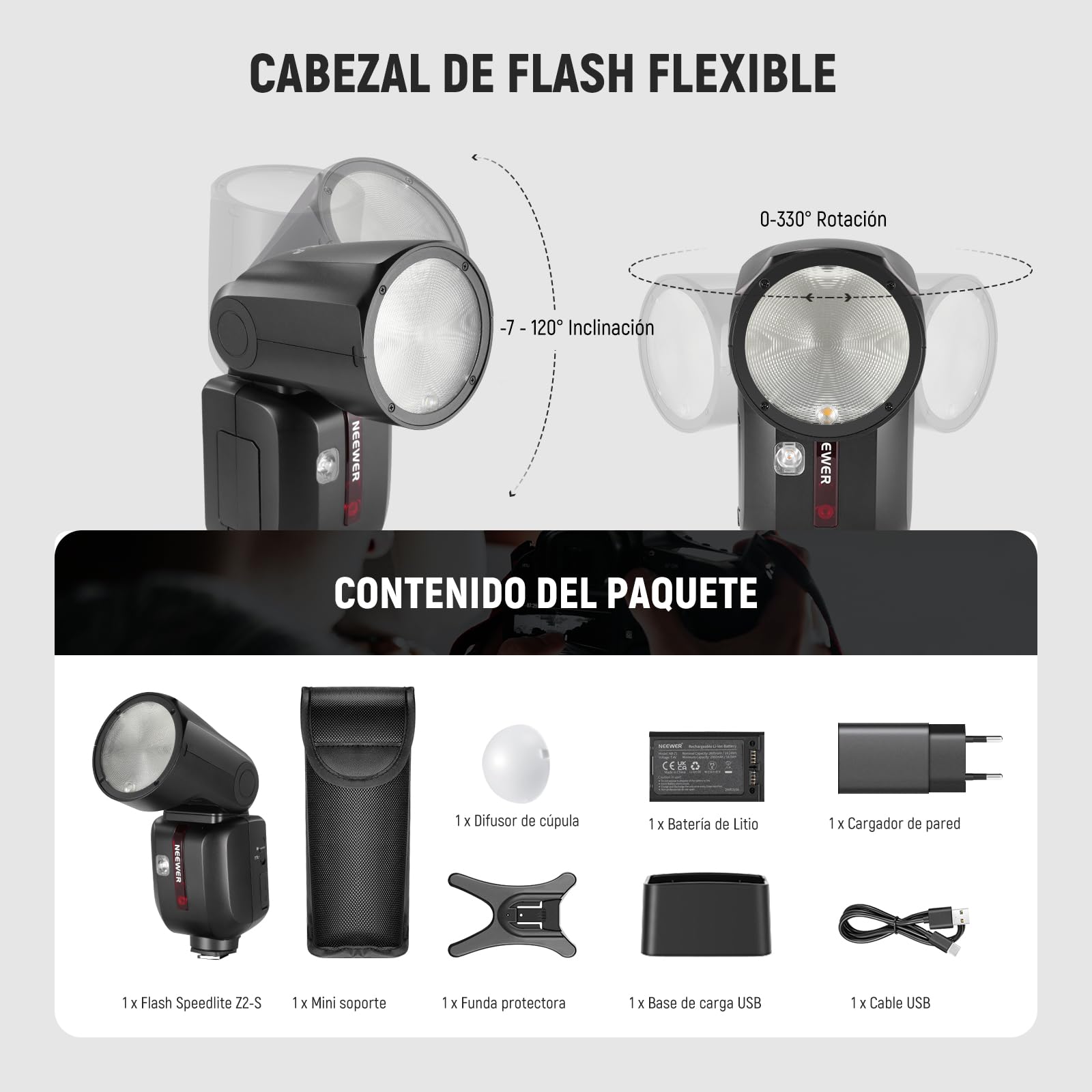 NEEWER Z2-S 2,4G TTL Flash Speedlite Cabeza Redonda para Sony, 76Ws Speedlight con Dome Difusor, UI Mejorada, TTL/M TCM Tecla,2 Lámpara Modelado 1/8000s HSS 7,4V/2600mAh Batería 480 Potencia Completa