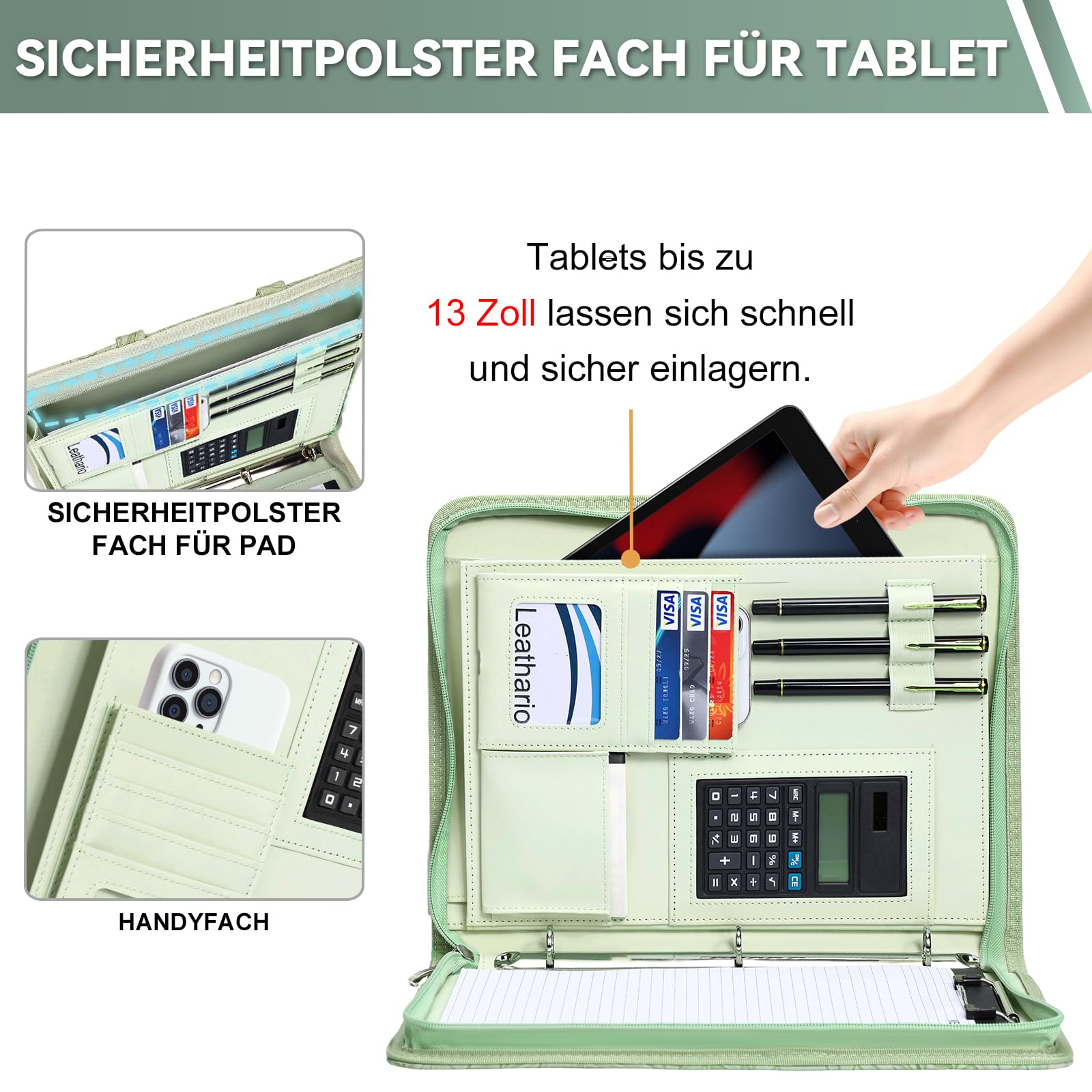 Leathario Konferenzmappe a4 mit Reißverschluss,Schreibmappe a4 mit 10 Dokumentenhüllen,Business Arbeitsmappe mit 4 Ringbuch，Veganes Leder Mappe für Meetings,Behördengänge,Studium,Bewerbungsgespräche