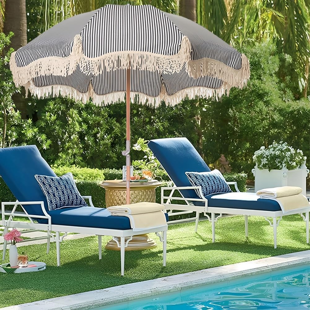 Parasol Ogrodowy z Frędzlami 180 cm Przenośny Parasol Plażowy w Paski, Drewniany Maszt i Regulacja Nachylenia 8 Podpórkami, Bez Podstawy